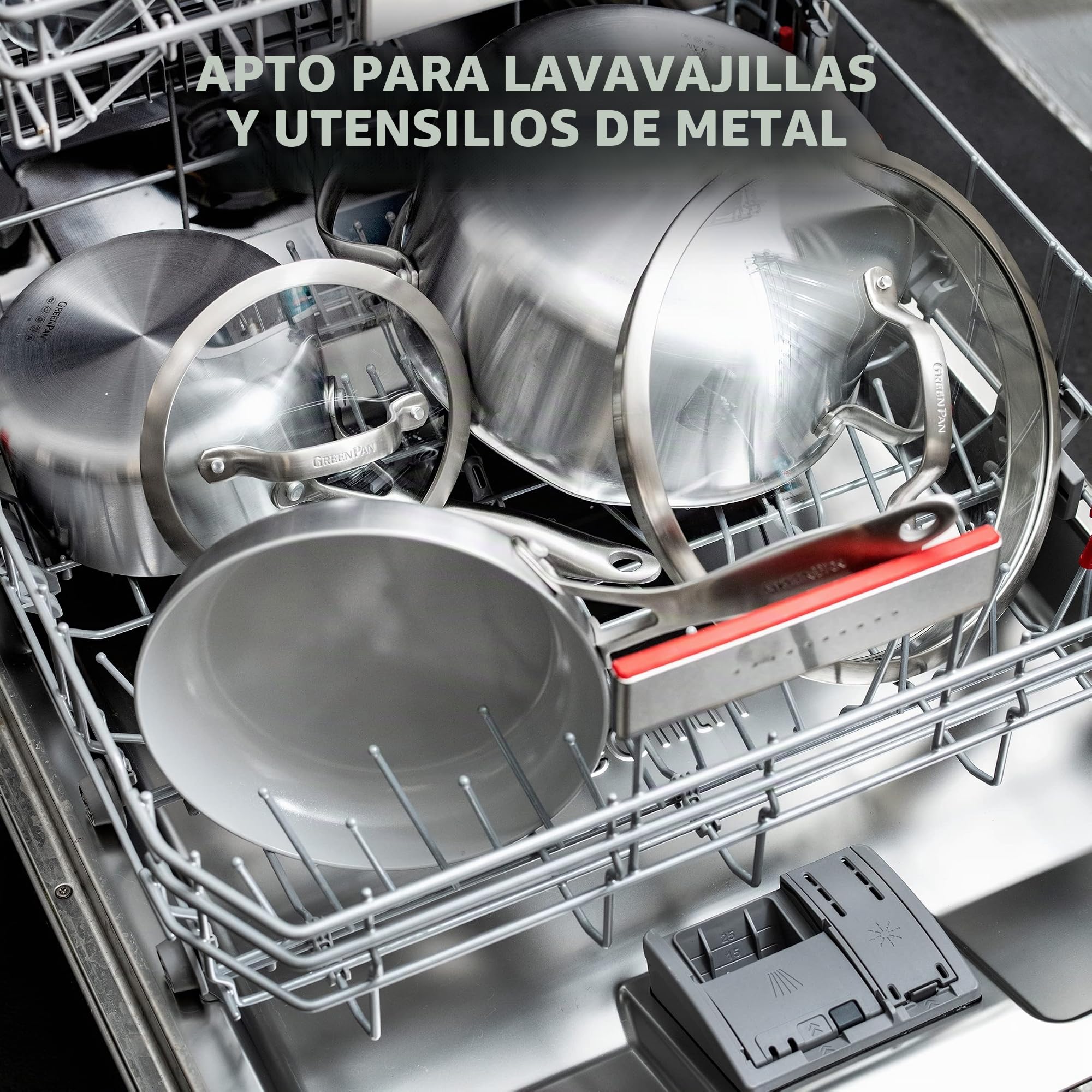 GreenPan Venice Pro Juego de Sartenes y Ollas de 7 Piezas de Acero Inoxidable Sano con Cerámica Antiadherente, Sin PFAS, Multicapa, Inducción, Apto para Lavavajillas, Apto para Horno, Plateado