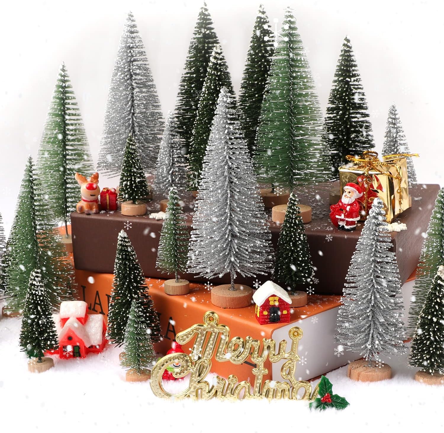 LTLCLZ 30Pcs Mini Christmas Tree Decor, Artificial Christmas Tree 5 Sizes,Mini Sisal Snow Frost Trees with Wooden Base for Christmas Decor Christmas Party Home Table Craft Decorations (multicolour)