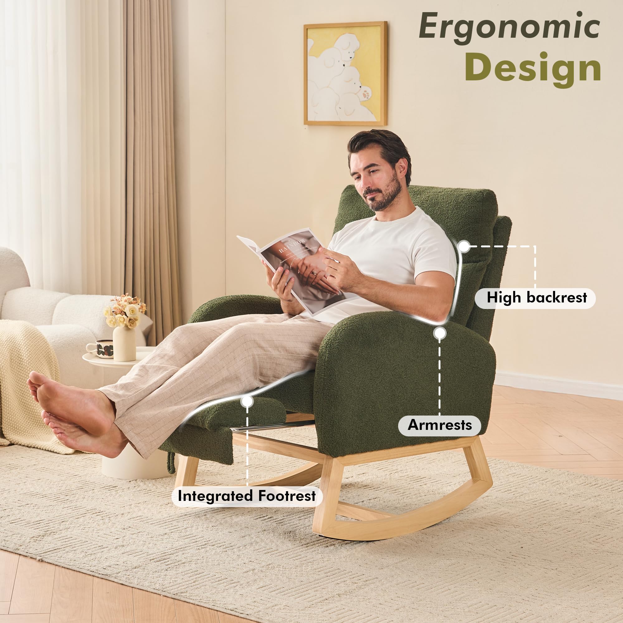 Sedia a dondolo con poggiapiedi e poggiatesta, sedia ergonomica per allattamento con seduta extra larga e grande tasca laterale per soggiorno e cameretta dei bambini