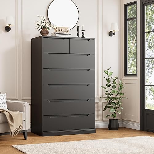 Miniatura 2 de HITHOS Cómoda de 7 cajones de 51" de alto, cómoda negra moderna, cómodas y cajoneras de madera con tiradores recortados, cajonera vertical, cómodas