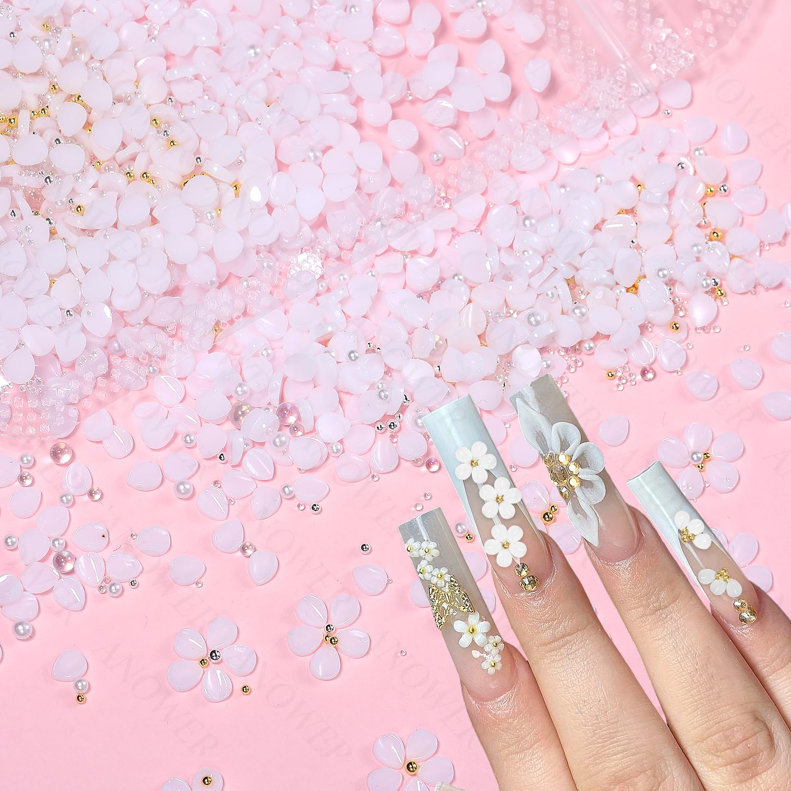 800 fiori bianchi 3D per unghie, fiori acrilici 3D per unghie, perline per unghie, gemme per unghie e strass floreali, strass, petali, cristalli acrilici, ciondoli per unghie