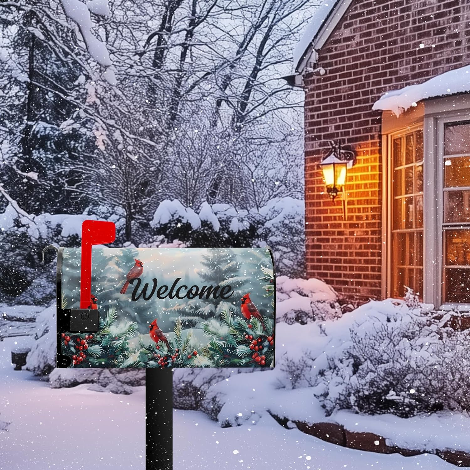 Winter Mailbox Covers Welcome Mail Box Cover Magnetic Cardinal Birds Mailbox Wraps Post Letter Box Cover Standard Size 21" X 18" Holiday Garden for Outside