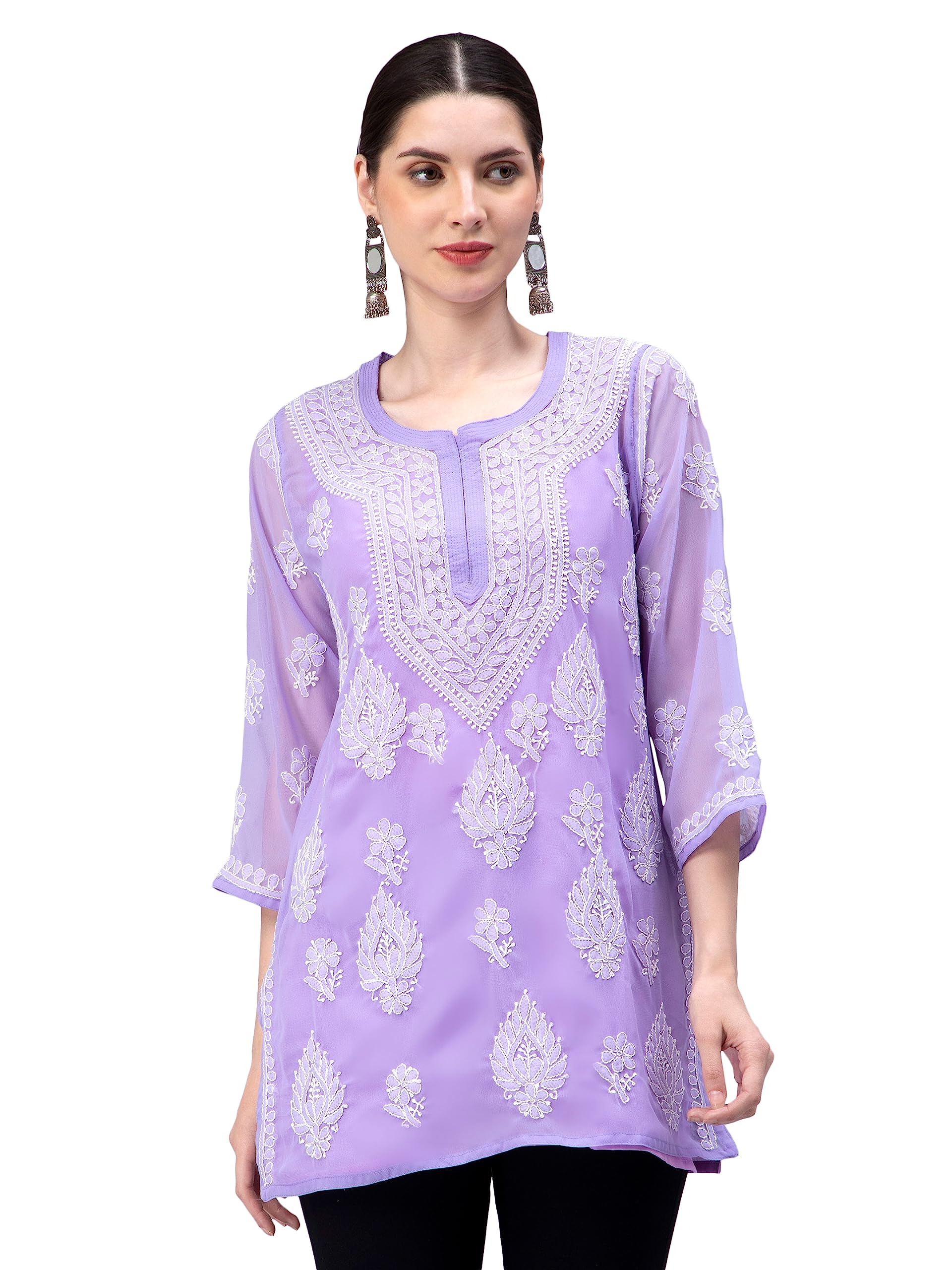 Hand Embroidered Lucknowi Chikankari Georgette Women Short Top & Tunic with Inner Slip SCL9076-image-15