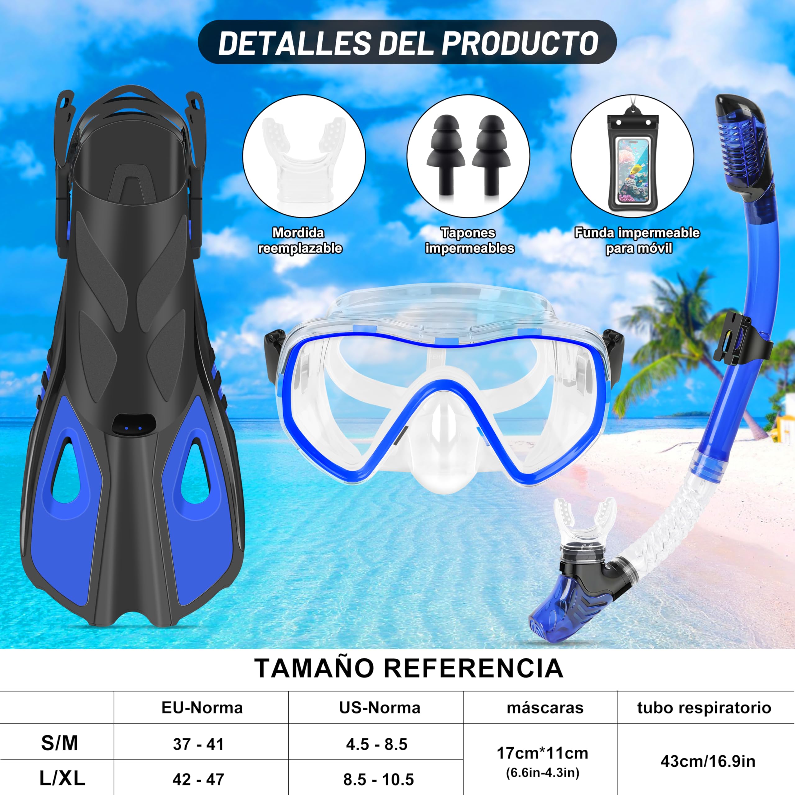 IEEILULU Snorkel Set Adulto, Kit Snorkel 7 Piezas con Máscara de Buceo Antivaho y Aletas Ajustable para Hombre Mujere con Bolsa Portátil, Dos Tamaños