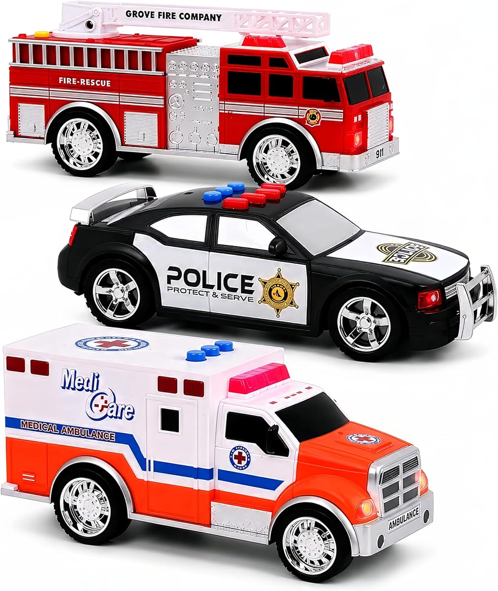 Liberty Imports 3-in-1 True Hero Emergency Rescue Vehicles Kids Toy Cars Playset - Ambulance, Fire Truck and Police Car with 3-Button LED Light and Sound Effects