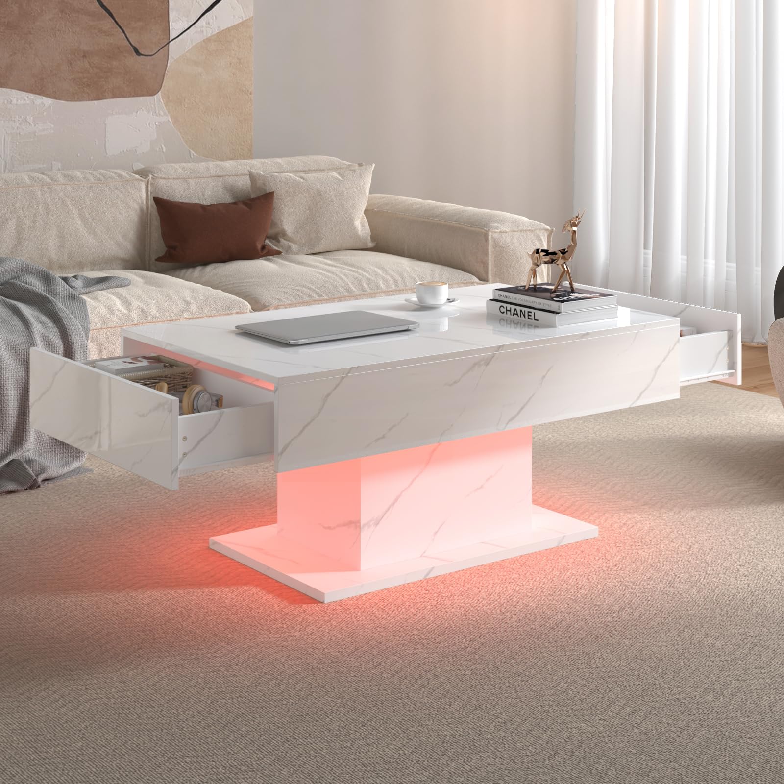 KEEPREAPER White Marble Led Coffee Table with 2 Storage Drawers for Living Room, Living Room Table Rectangular Center Modern High Glossy Wooden Coffee Tables with Lights for Dining Reception Room — image 1