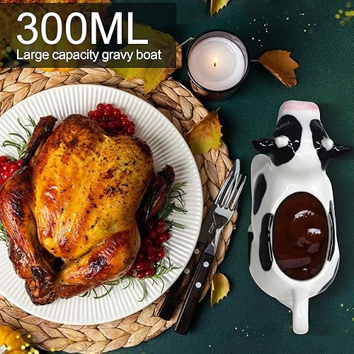 Miniatura 4 de Bote de salsa blanca, jarra de cerámica de vaca de 11 onzas, jarra de salsa pequeña con mango suave, bote de salsa de porcelana para aderezo de