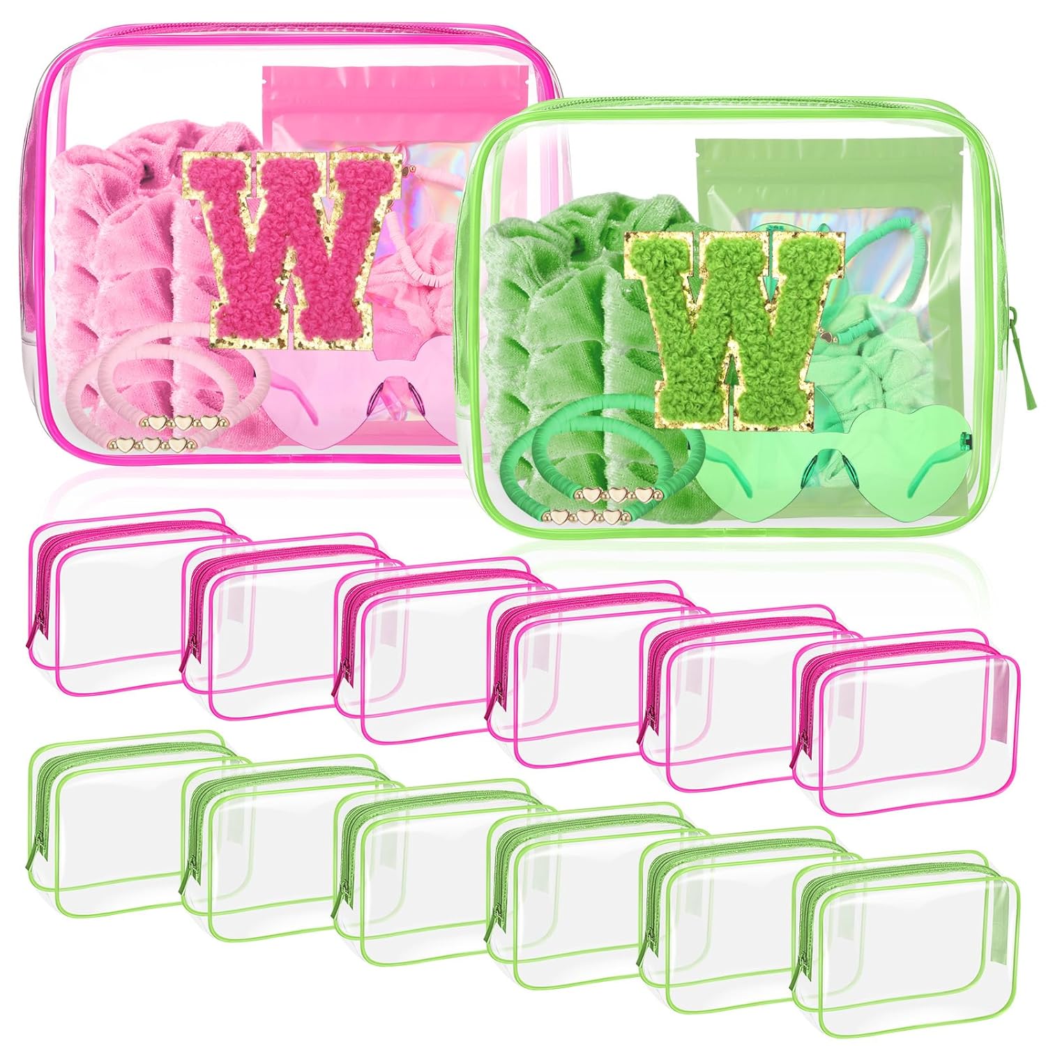 Eccliy 12 Pcs Pink Green Gift Bags Makeup Bag with Chenille Letter Patches Portable Travel Cosmetic Pouch with Zipper PVC Toiletry Bag for Witch Party Baby Shower, Birthday, Party Favor