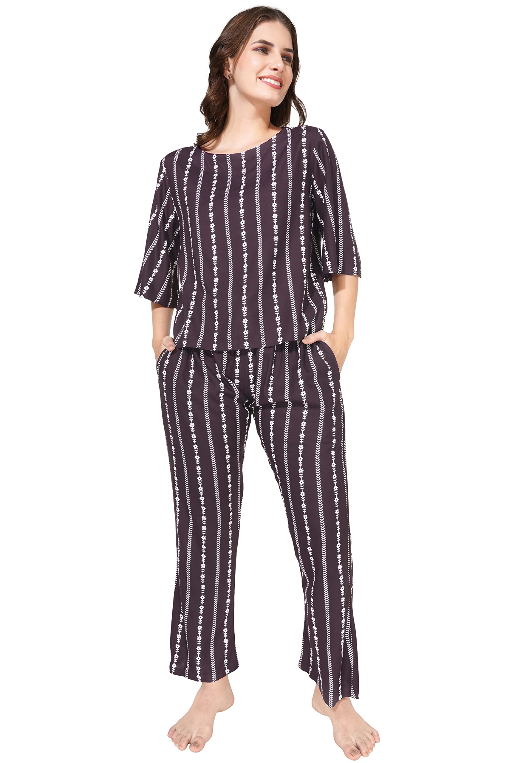 Womens Rayon Stripe Floral Printed Night Suits Croptop & Pajama Set-image-14