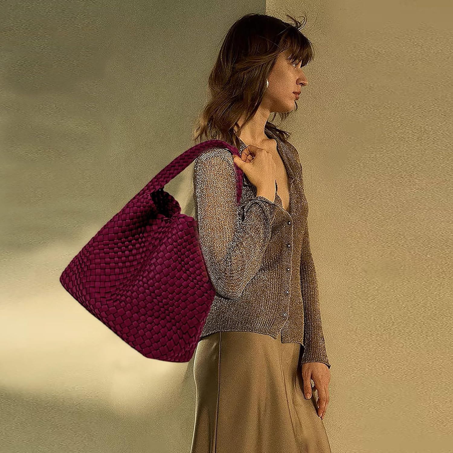 JINMANXUE Woven Purse for Women, Neoprene Top-handle Shoulder Bag, Hobo Tote, Travel Handbag, Wrist Bag For Work Shopping - Image 3