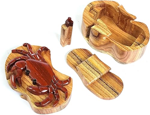 Cangrejo - Caja de rompecabezas de madera de Intarsia - Hecho a mano con compartimento secreto