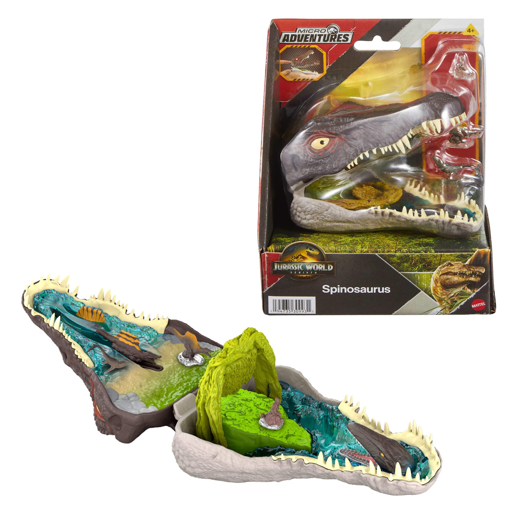 Mattel Jurassic World: Renaissance Coffret Micro Aventures Spinosaure , avec la tête du spinosaure qui s’ouvre et intègre 4 fonctions interactives, 3 mini-figurines, figurine dinosaure, JGB98