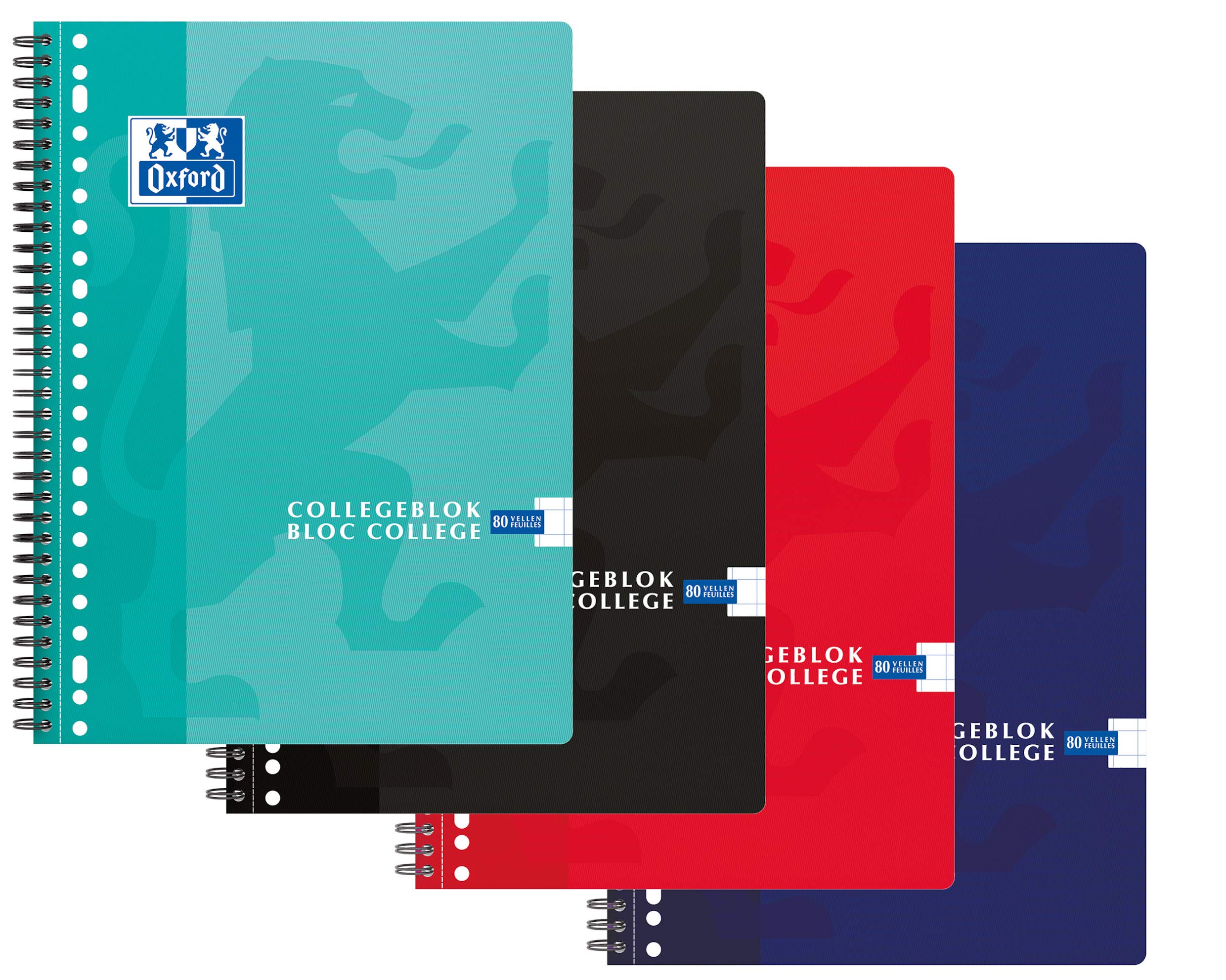 Oxford Collegeblock 10er Pack 4 Farben A4+ kariert 10mm 23 Löcher 160 Seiten 90g Flexibler Kartondeckel