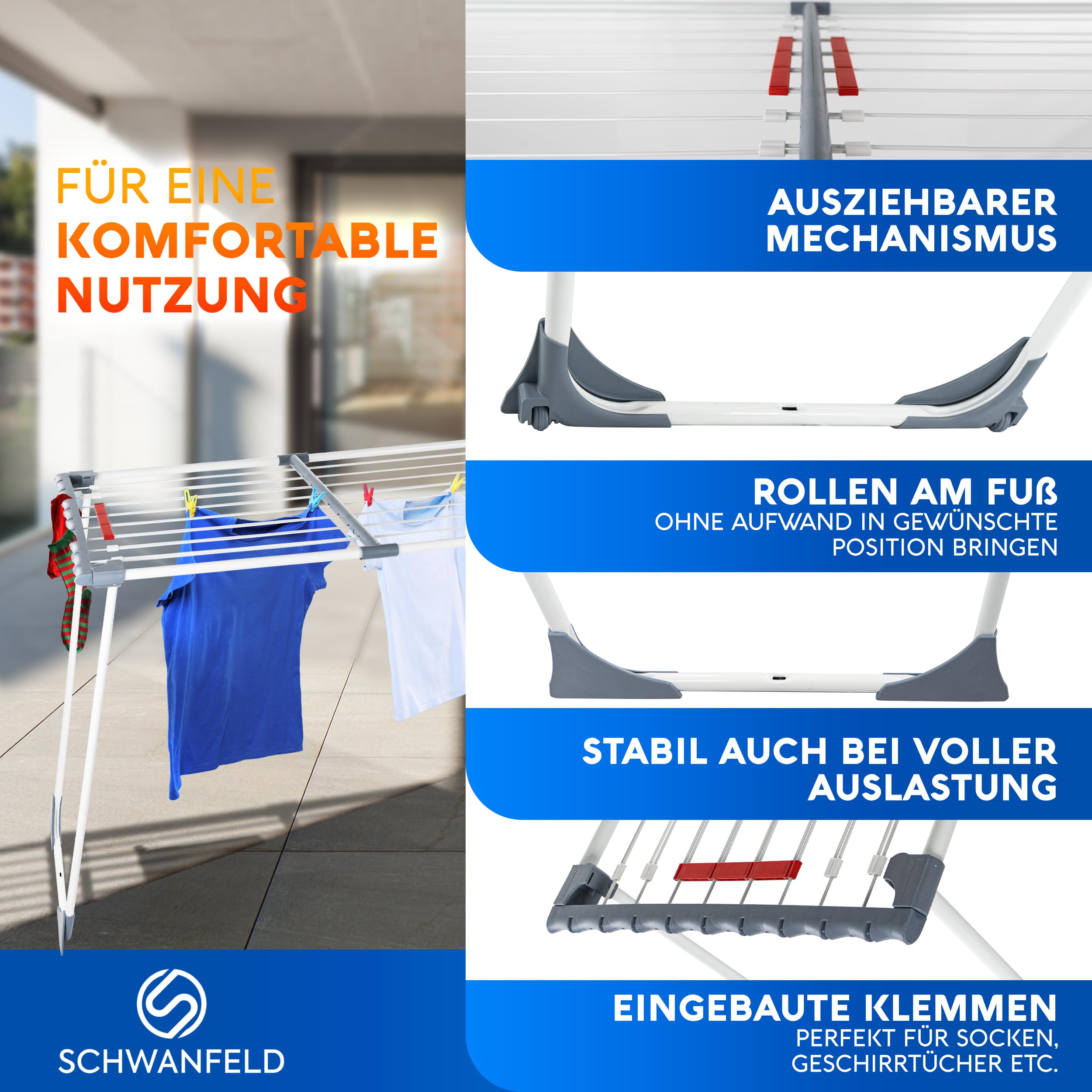 SCHWANFELD® Wäscheständer ausziehbar [20M TROCKENLÄNGE] - wäscheständer hoch - Premium Wäschetrockner Ständer - Faltbarer Wäsche Ständer XXL - ausziehbarer wäscheständer - Standtrockner rutschfest