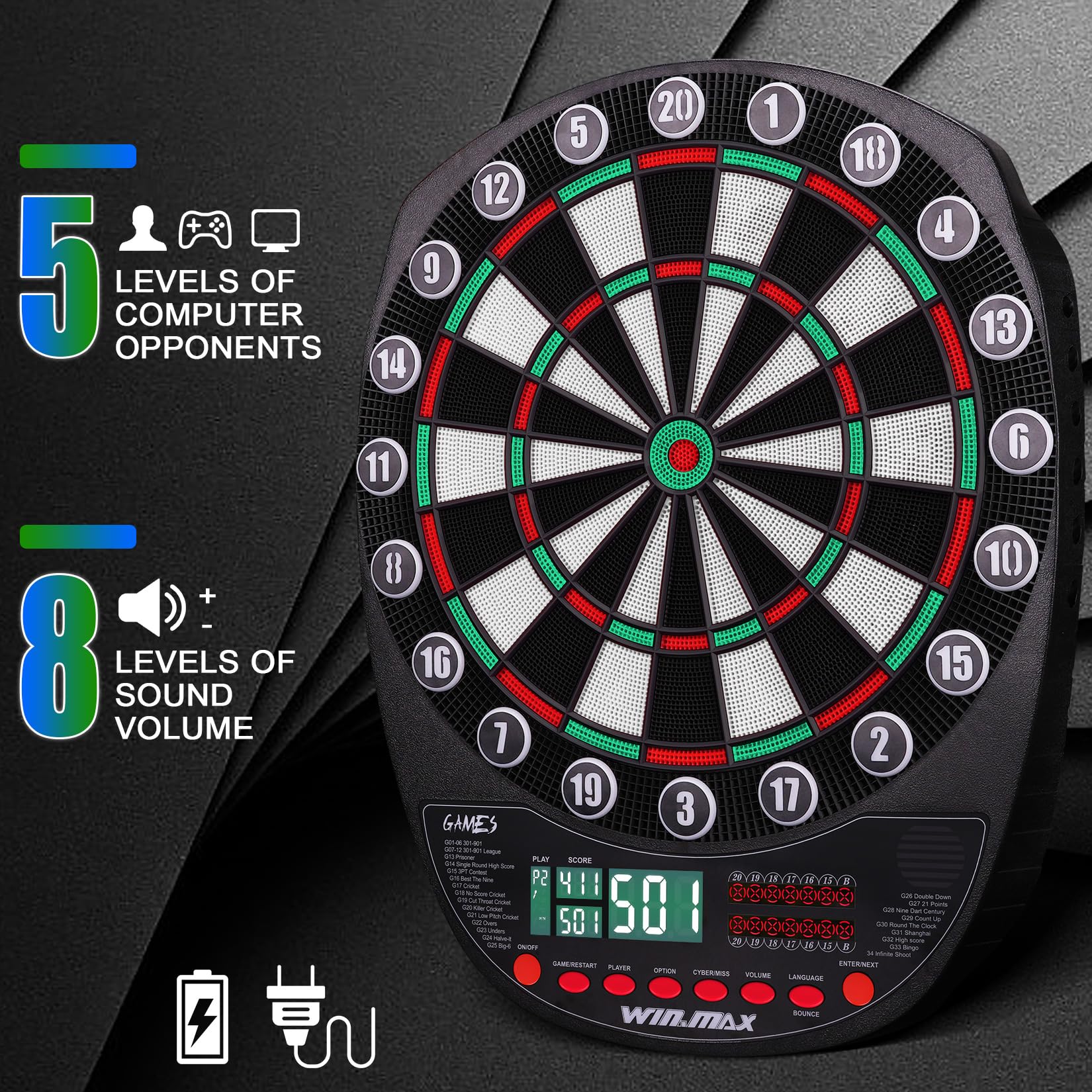 WIN.MAX Bersaglio elettronico per freccette con punta morbida, display a LED, 3 lingue con 12 freccette 100 punte adattatore di alimentazione