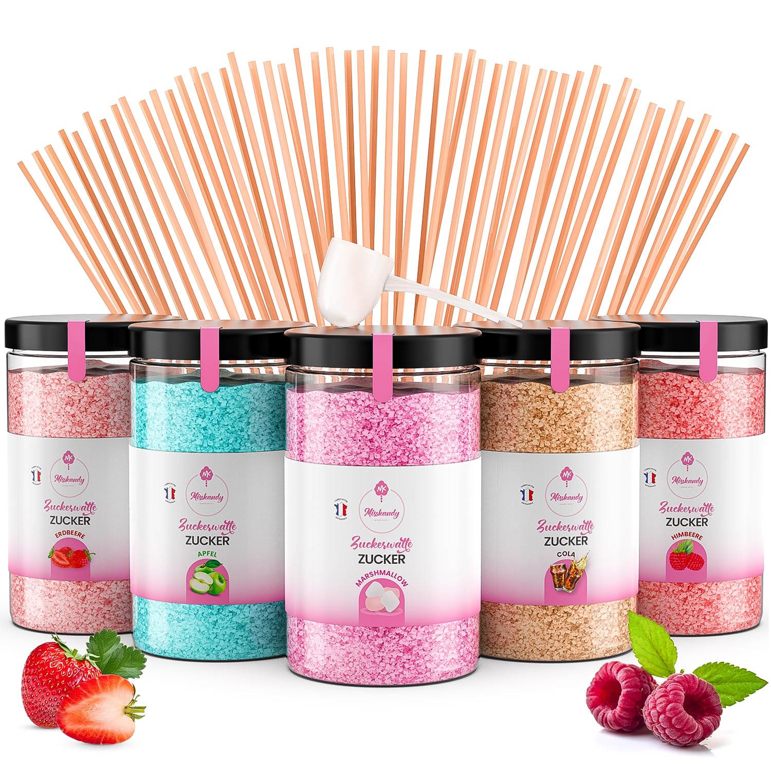 Misskandy®, Zuckerwatte Zucker (Farbstoffe ohne Azofarbstoffe) / Charge (5 * 300Gr)= 1,5kg/Erdbeere, Apfel, Marshmallow, Cola, Himbeere/zuckerwattemaschine zucker/Aromazucker + 50 Stäbchen (Free)