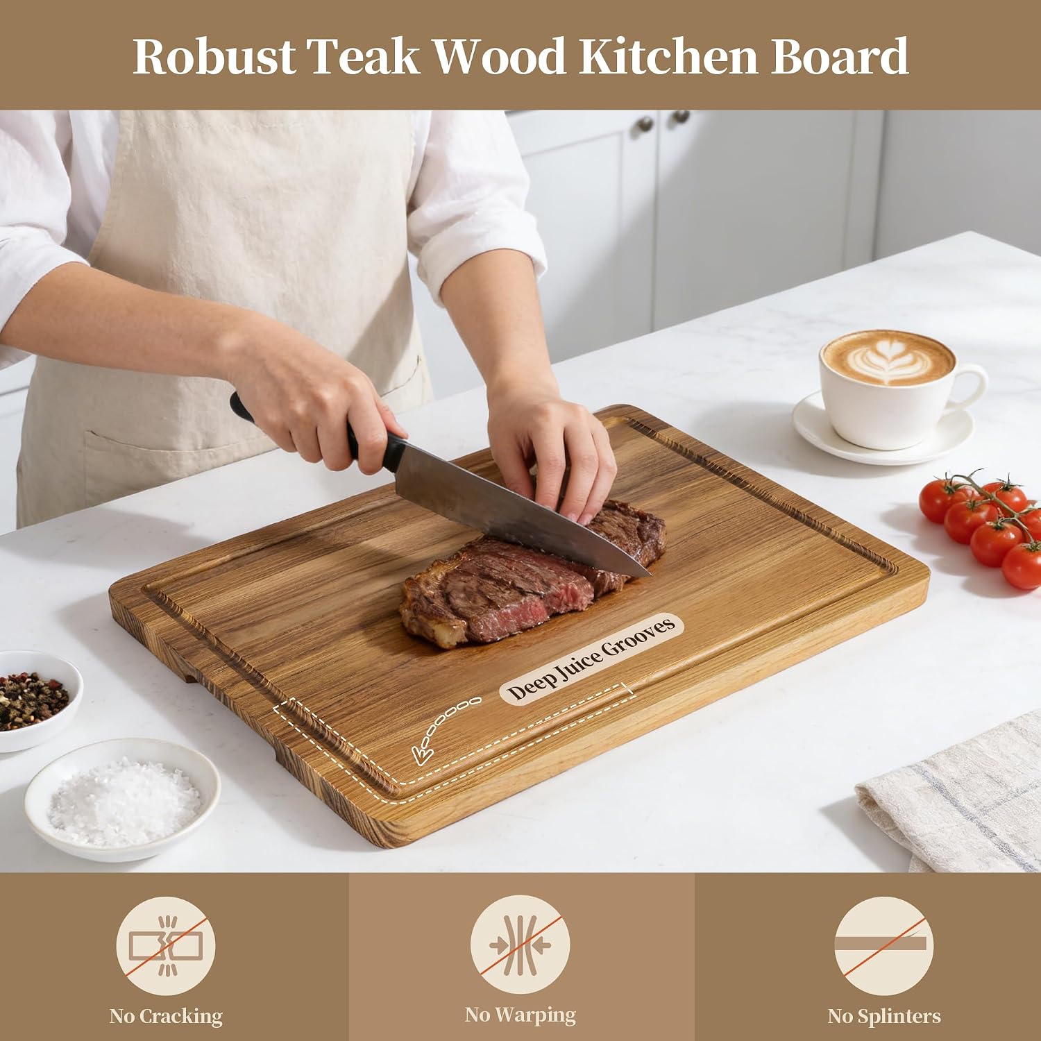 Teak Cutting Board for Kitchen, Deep Juice Groove, Reversible 16 x 11 Inch