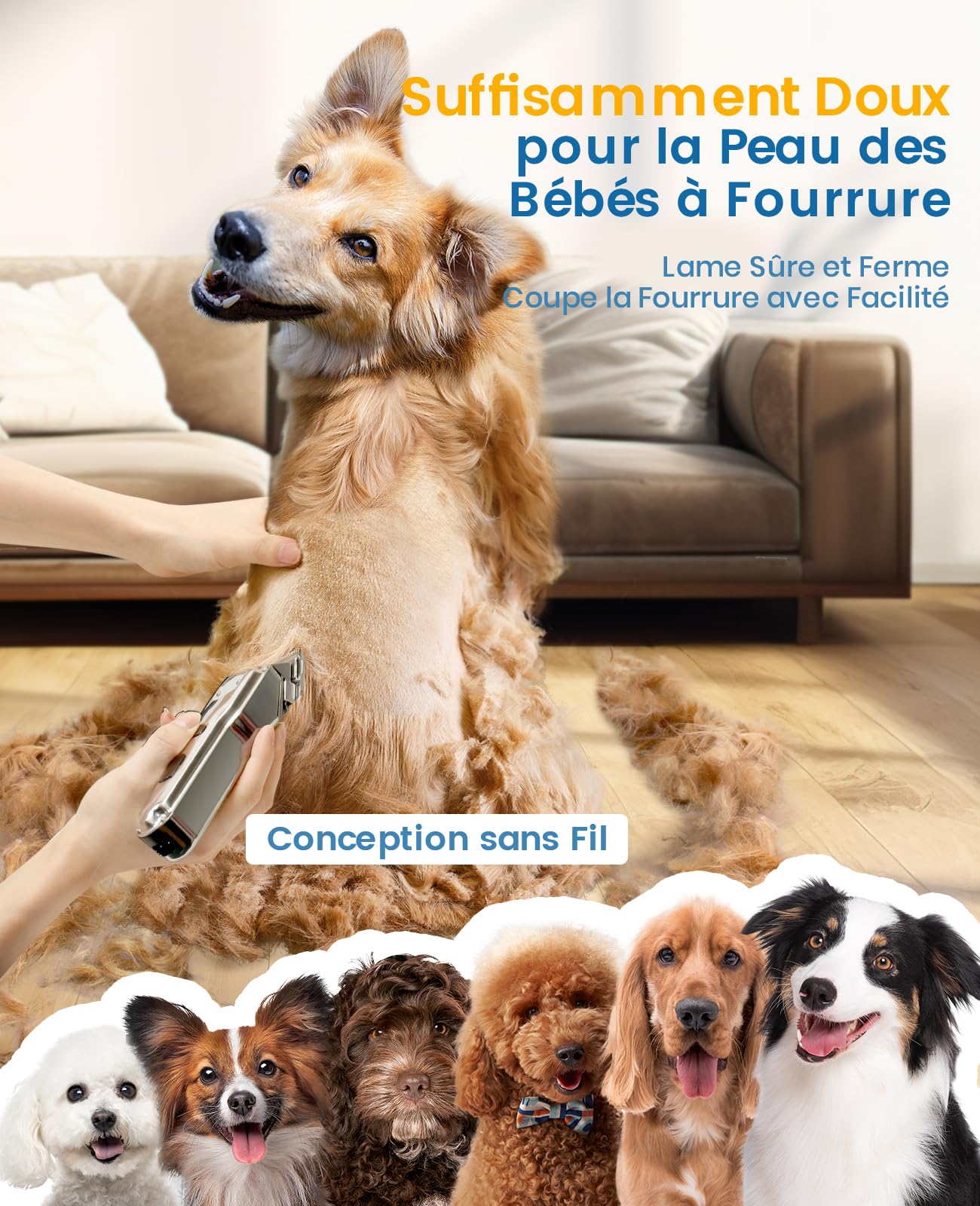 Oneisall Tondeuse à poils pour chiens de haute qualité, tondeuse sans fil entièrement étanche IPX7, adaptée aux poils longs et épais