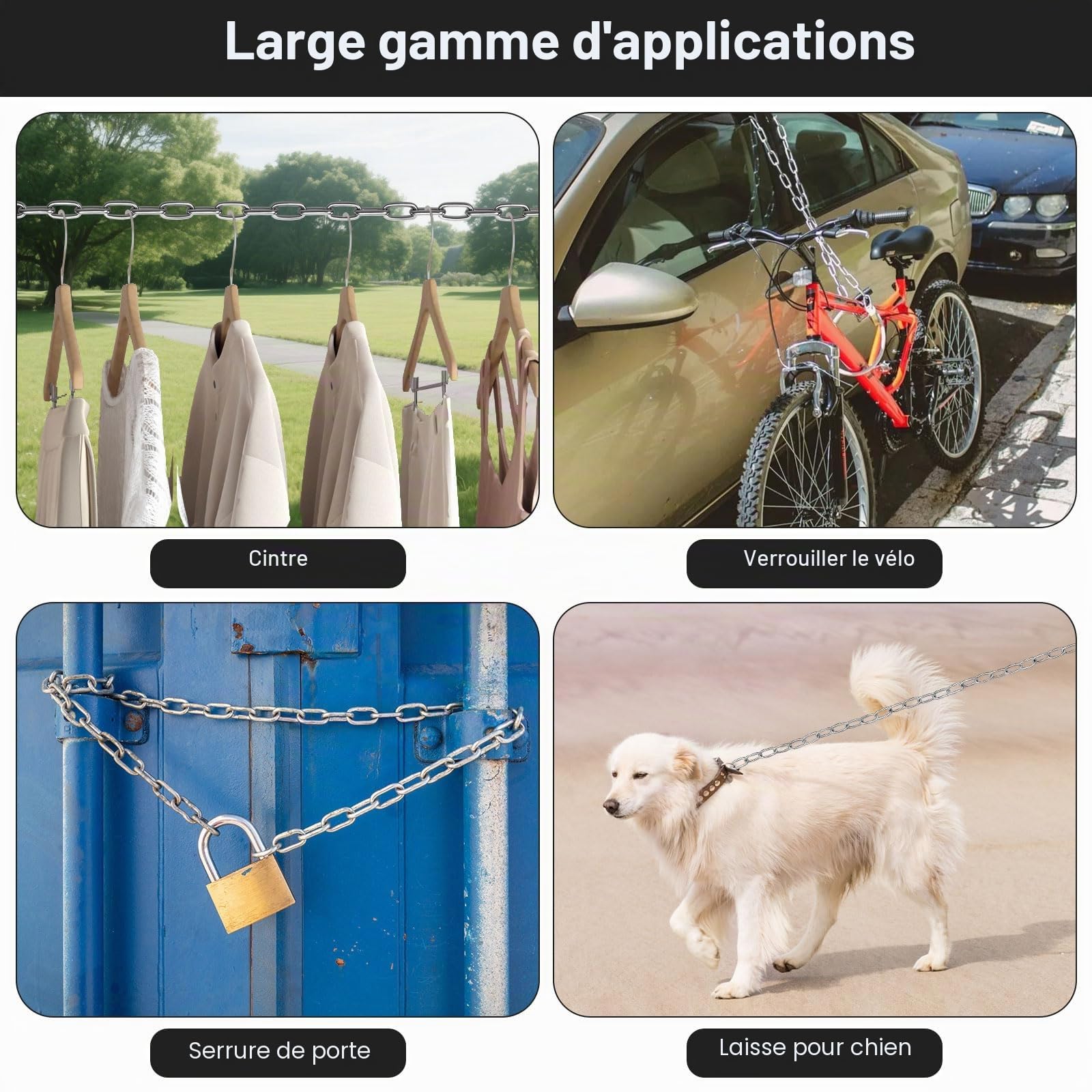 Chaîne en acier inoxydable au mètre 15 m - Chaîne en acier de 1,5 mm - Chaîne en métal à suspendre avec bobine - Chaîne à maillons en acier inoxydable pour suspension, lampes, sacs de sable, fauteuils