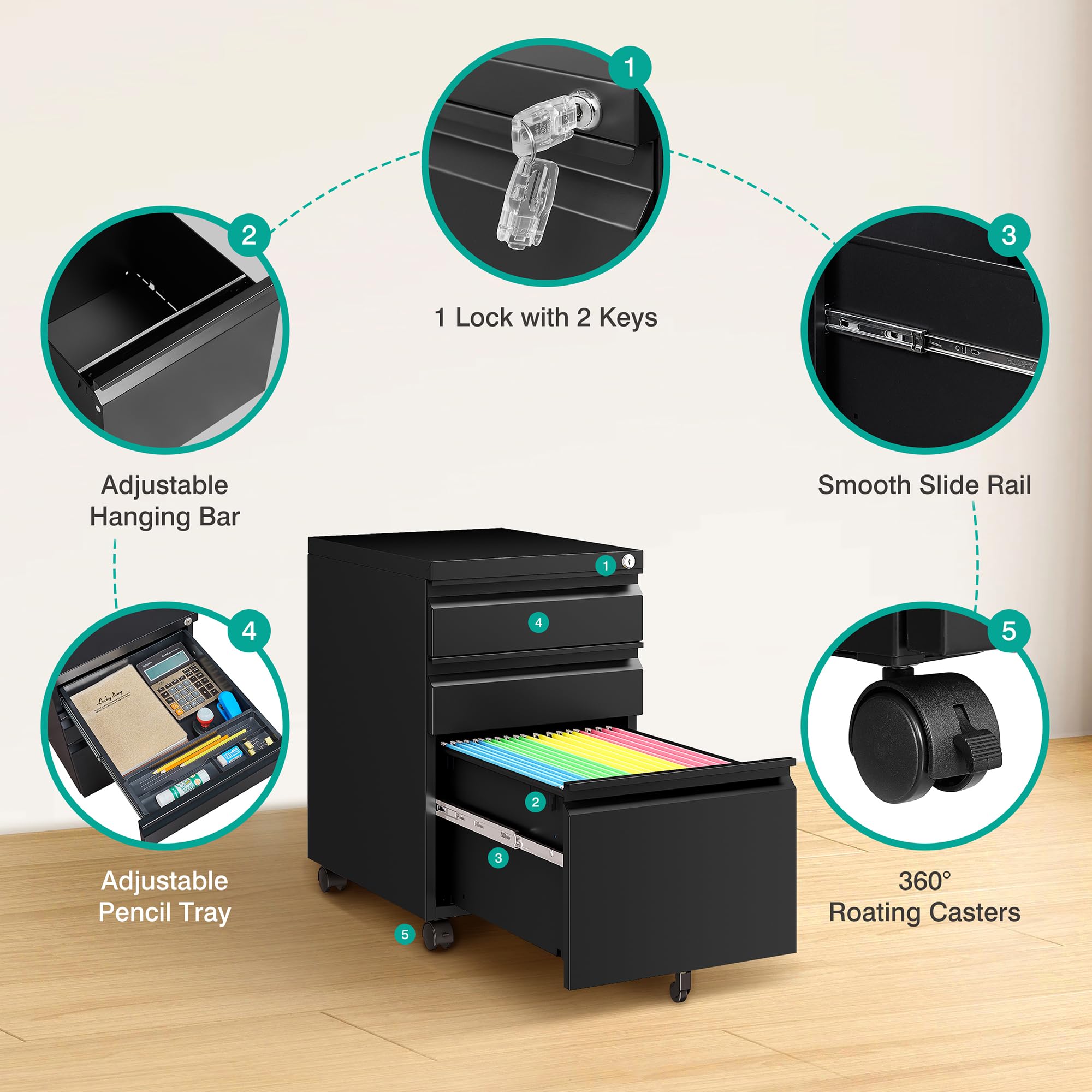 Archivador de 3 cajones con cerradura, archivador debajo del escritorio con ruedas, archivadores rodantes negros, archivador de metal de tres cajones para oficina en casa, apto para archivos A4/carta