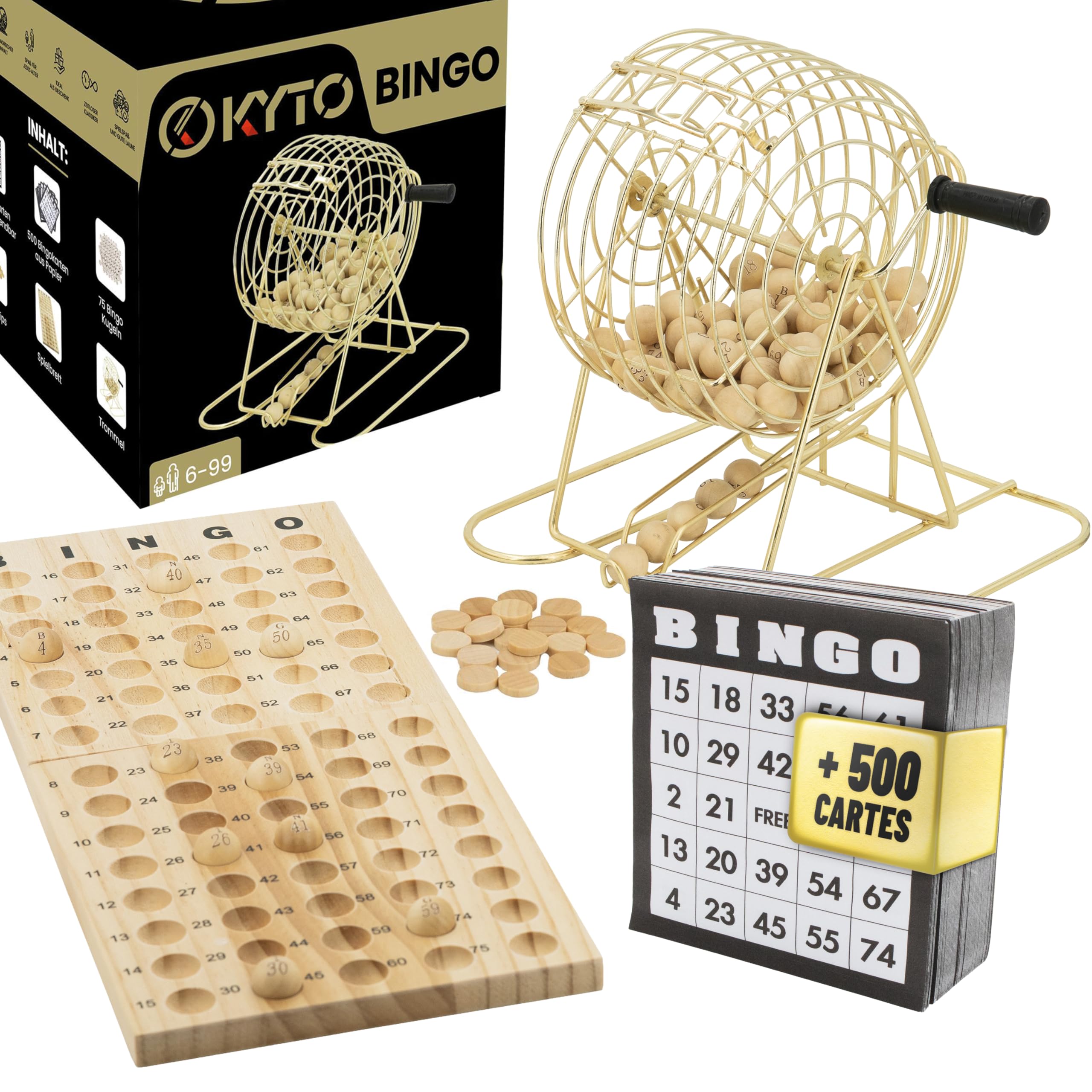 Kyto Juego de bingo Deluxe – Tambor de metal dorado y caja de madera – 75 bolas, 150 fichas, 18 tarjetas de bingo reutilizables + 500 tarjetas de bolígrafo – Juego de mesa para familia, fiestas y