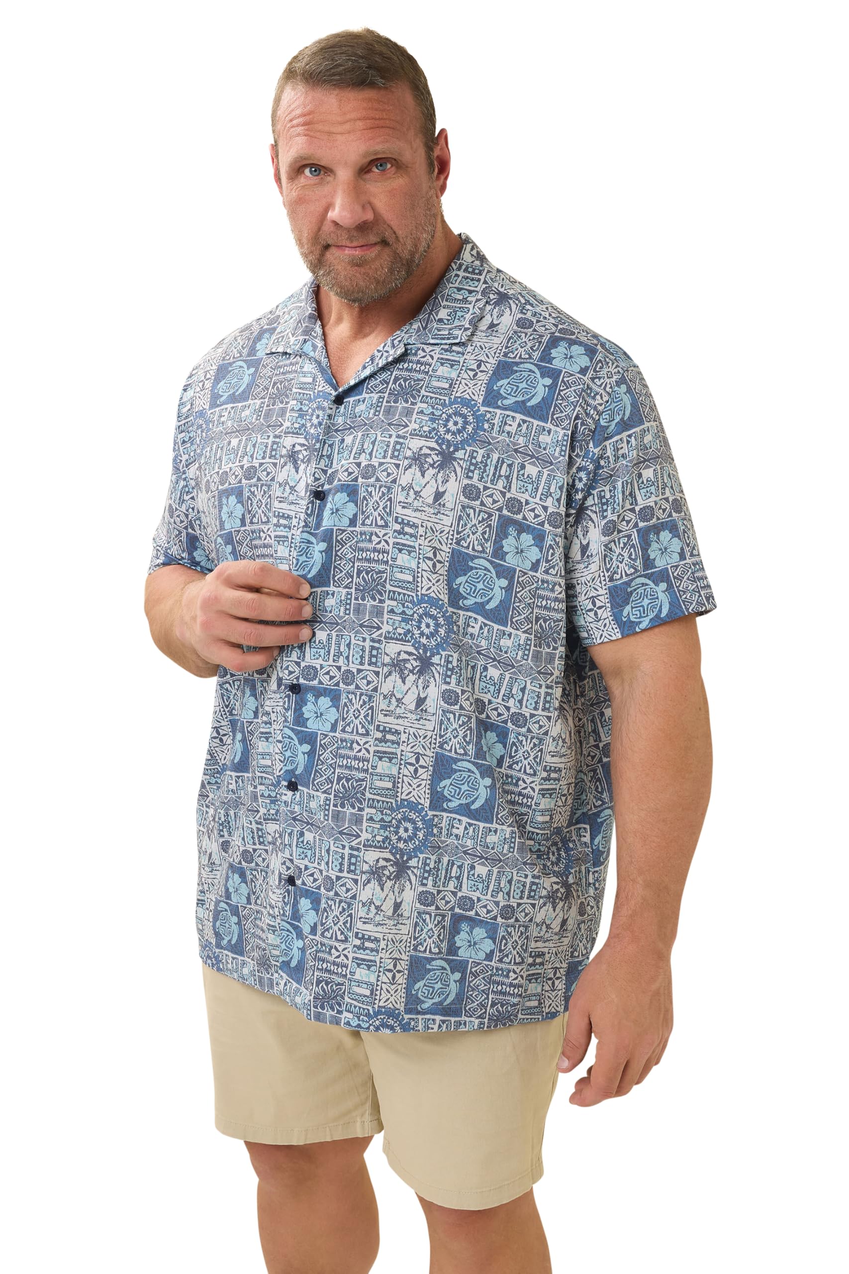 BadRhino Big & Tall Blue Turtle Print Seersucker Revere Collar Shirt - Men's - Plus Size Curve