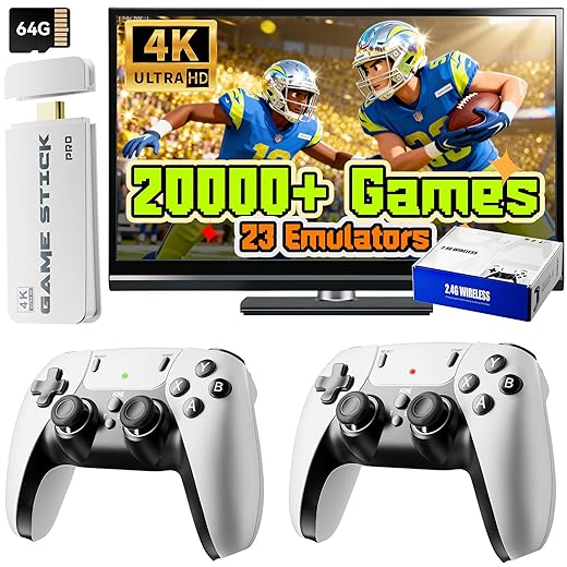 Huqjot 2025 Upgraded Retro Gaming Console Stick Pro, Video Games Console with 4K HDMI, Built-in 23 Classic Game Emulators, 20000+ Games - Video Game with Upgrade Dual 2.4G Wireless Controllers (64G)