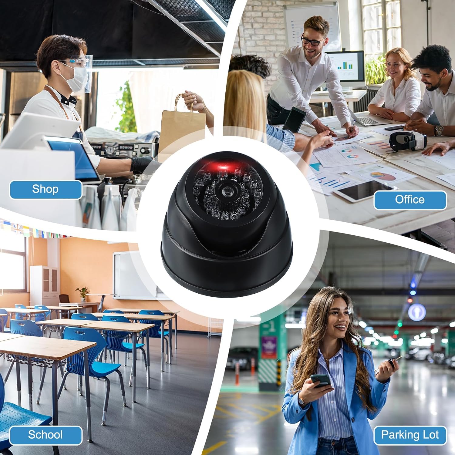Imitation Security Camera, Dummy Fake Dome Camera With Flashing Red Led Light Screw Cover For Indoor Outdoor Home Business Black