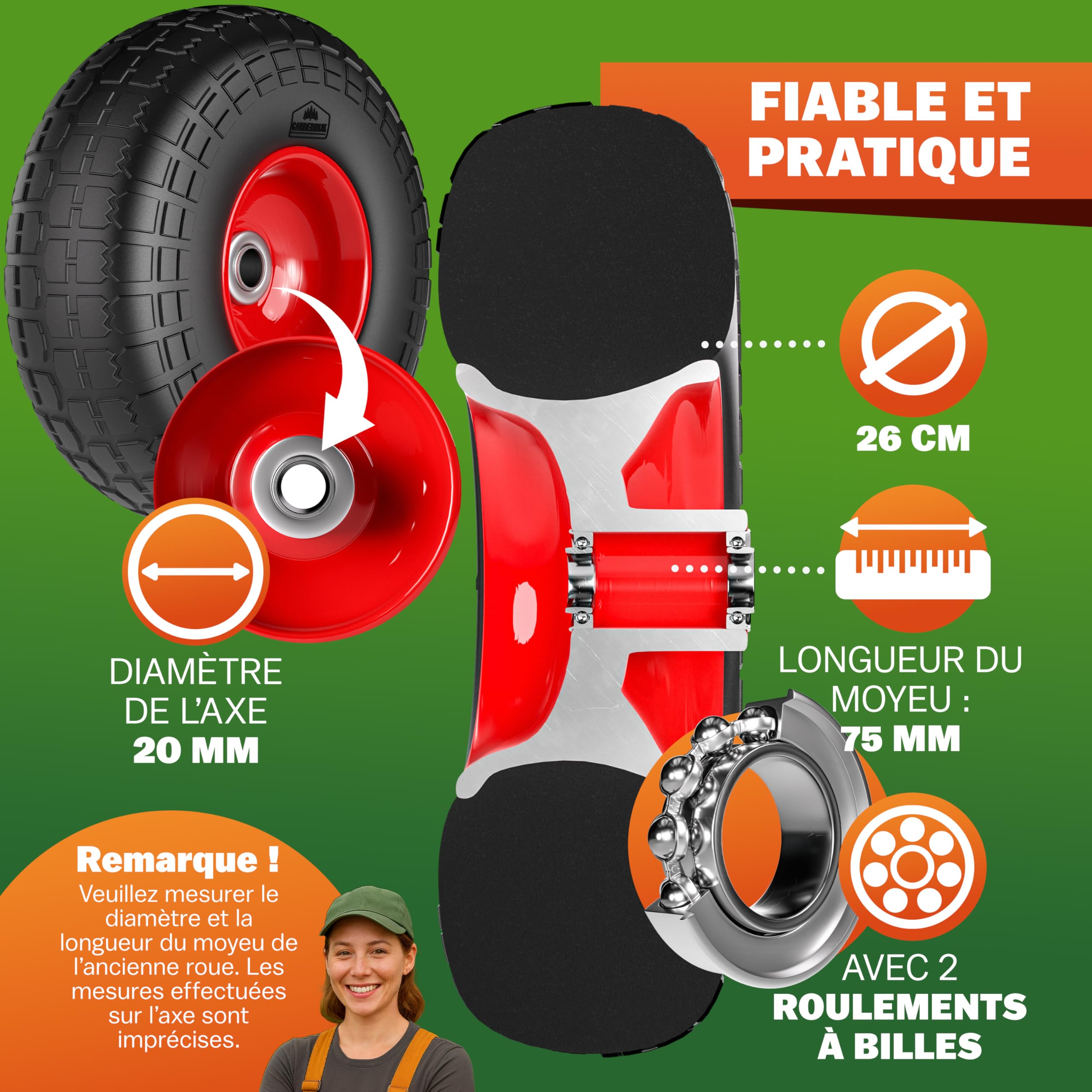 GARDEBRUK® 2x Roue de diable increvable pneus pleins PU charge max. 200kg jante acier axe 20mm facile à monter pneu roue de rechange chariot transport