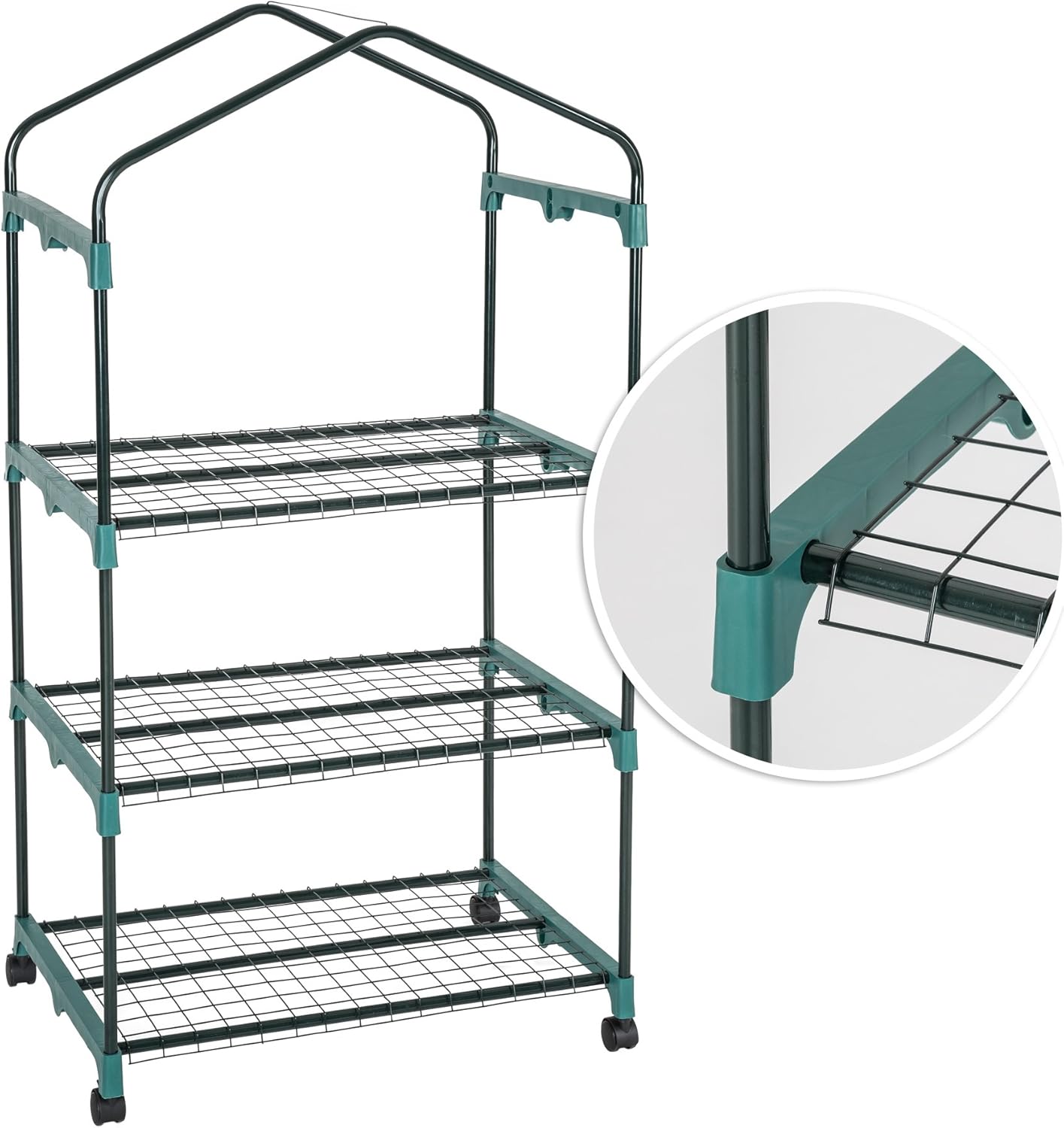 Close-up of a greenhouse shelf connecting to the frame