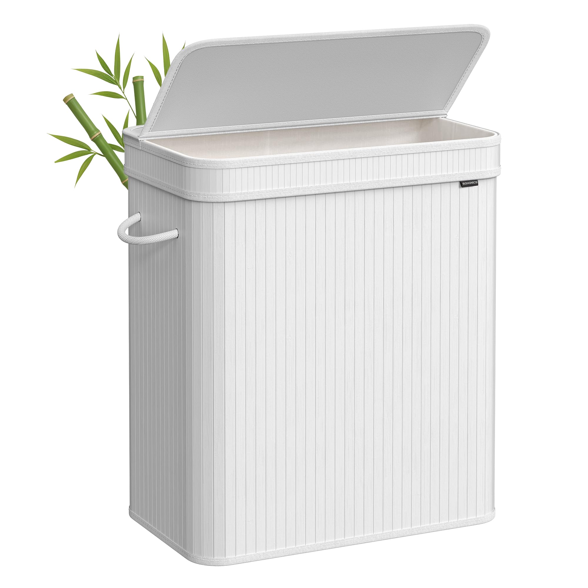 SONGMICS Wäschekorb mit Deckel, Wäschesammler Bambus, Wäschesack herausnehmbar und maschinenwaschbar, mit Griffen, 100 Liter, für Waschküche, Schlafzimmer, Wohnzimmer, wolkenweiß LCB063W01