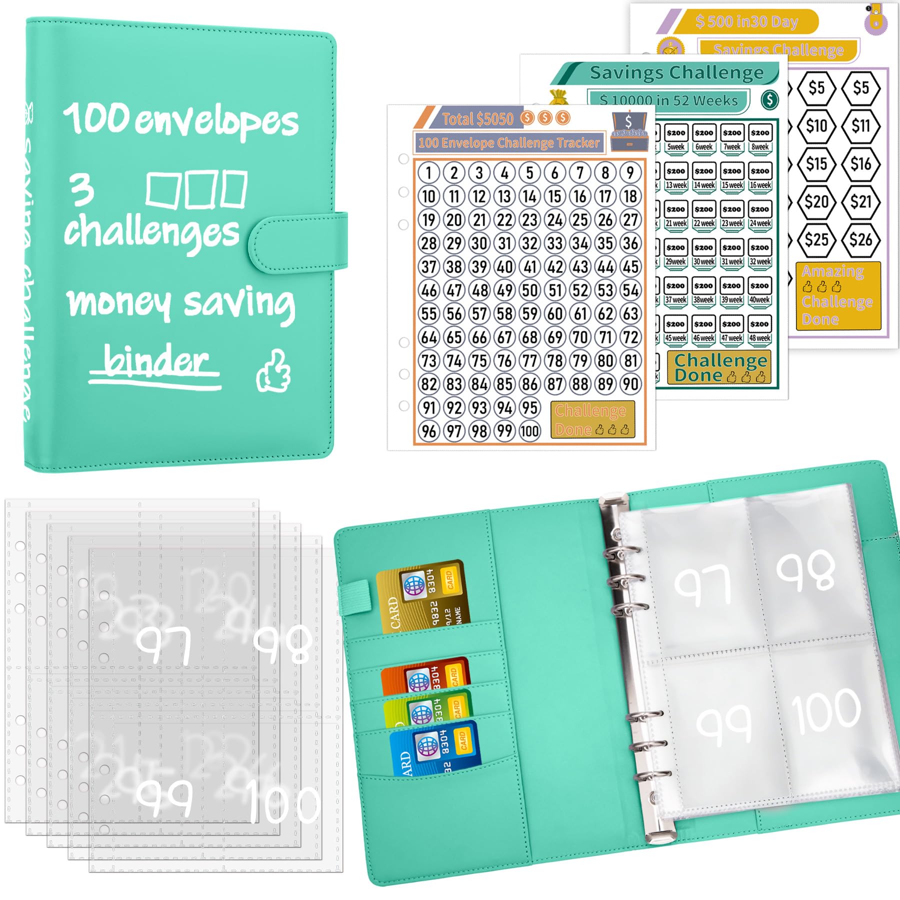 Antner 100 Envelopes Money Saving Challenge Binder, Savings Challenges Book with Envelopes & Challenge Trackers to Save $5,050 and $500 and $10,000, A5 Budget Binder Money Saving Book, Light Green