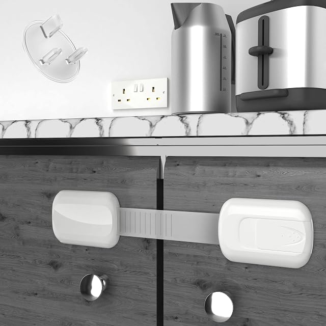 8 Child Safety Cupboard Locks & 4 Free Plug Socket Protectors. Cupboard Locks for Children Package. Easy Install in Seconds with No Drilling Or Screws Required. Premium 3M Adhesive.