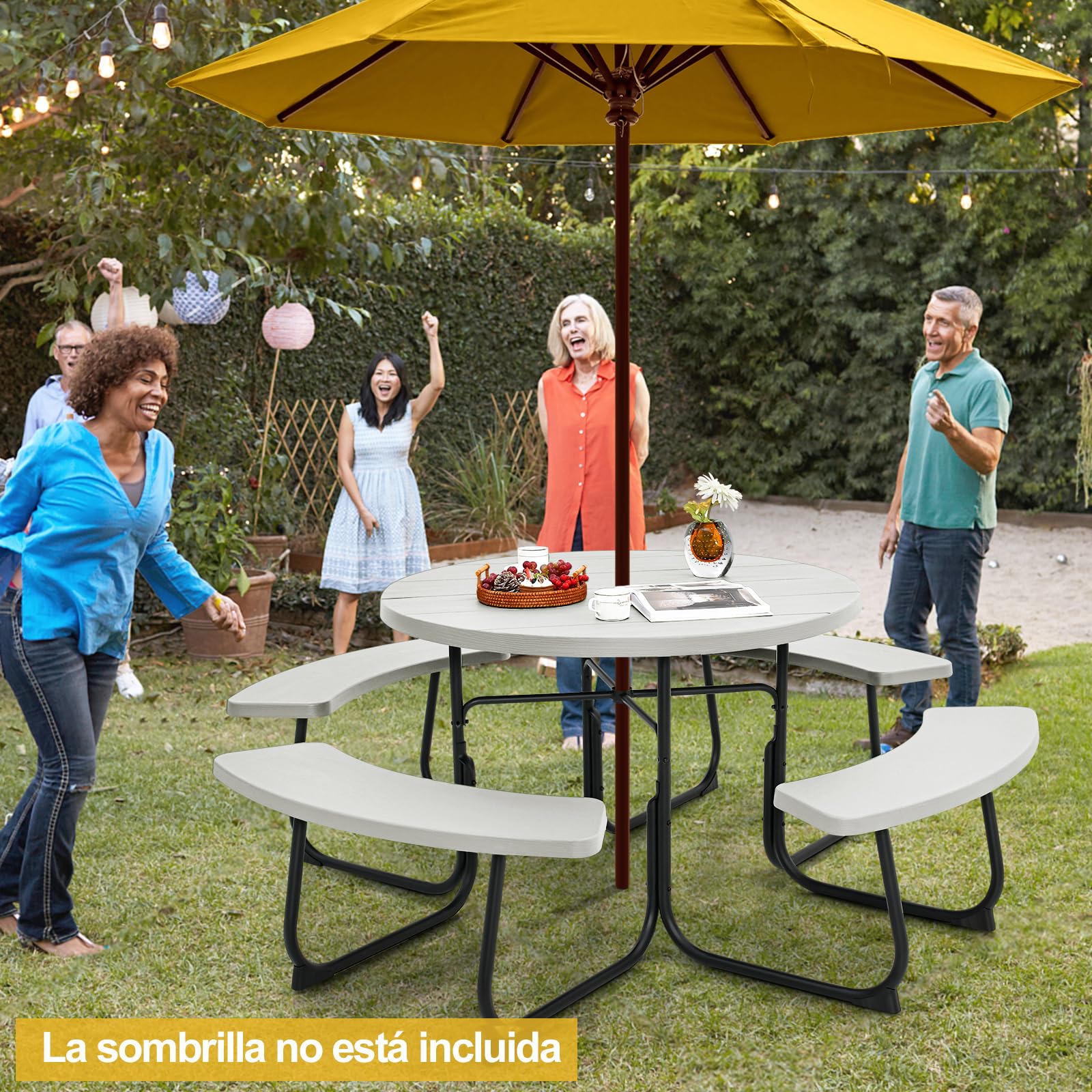 COSTWAY Conjunto de Mesa de Camping con Banco, 8 Personas, Mesa Camping Redonda con 4 Bancos,HDPE, Orificio para Sombrilla, Mesa y Sillas Jardin Patio Terraza (Blanco)