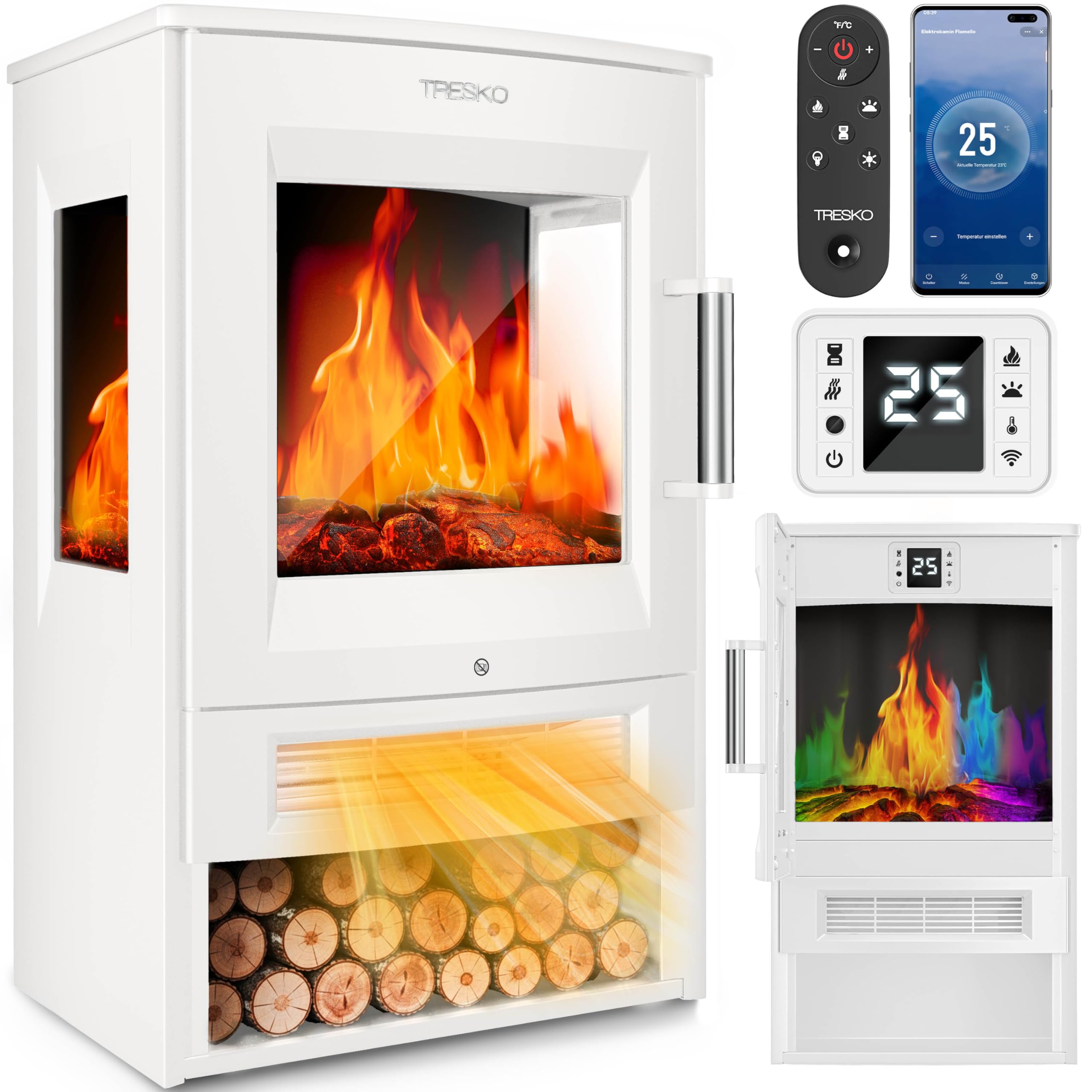 TRESKO® Cheminée électrique 1800W, Maison Intelligente WiFi App & télécommande | Poêle électrique Effet Flamme LED & écran LCD | Foyer électrique + Thermostat | Chauffage soufflant minuterie (Blanc)