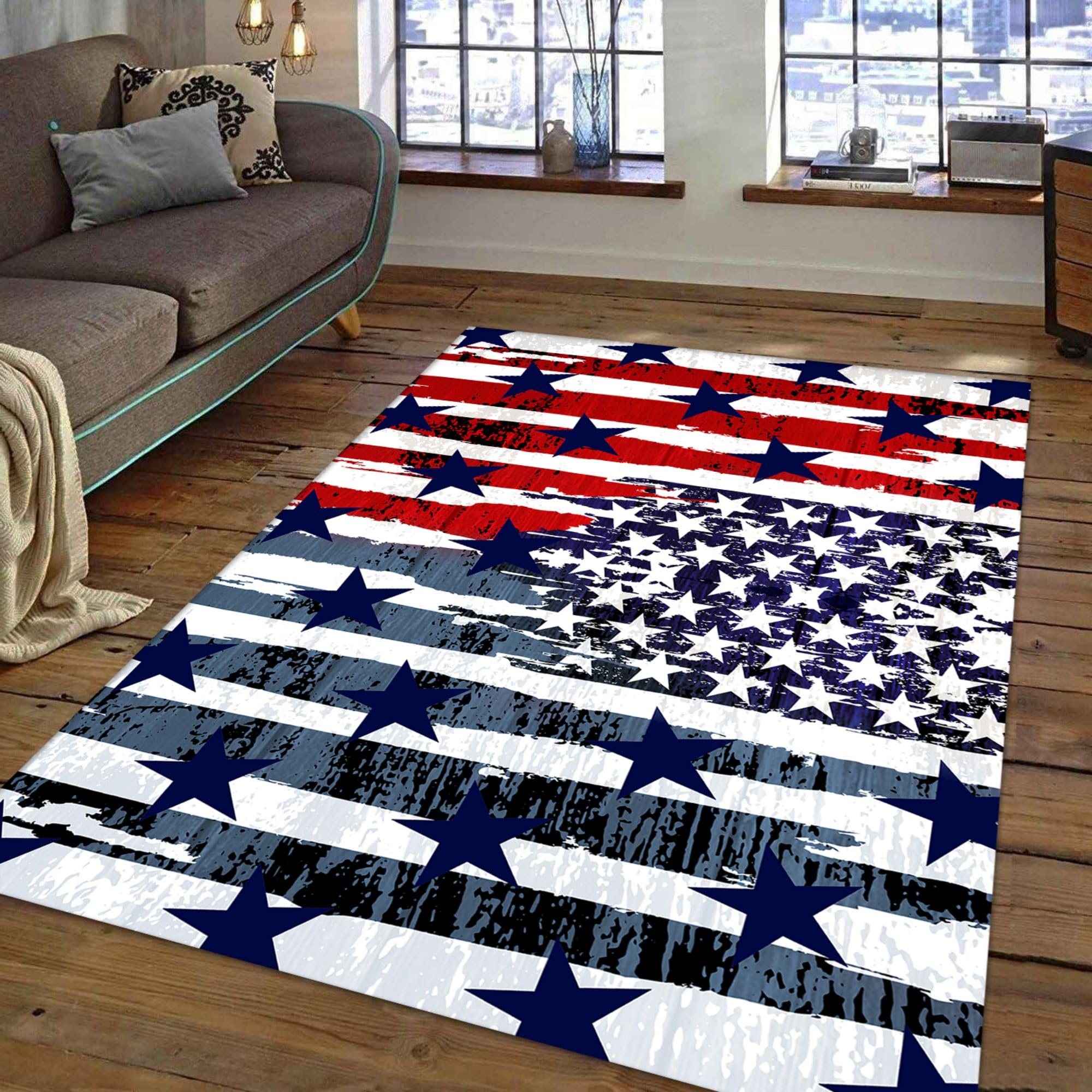 ZLXMN Retro American Flag Rug 4x5ft - Old Chic Vintage USA Design Blue Red White Star Stripe Washable Area Rug for Independence Day Living Room