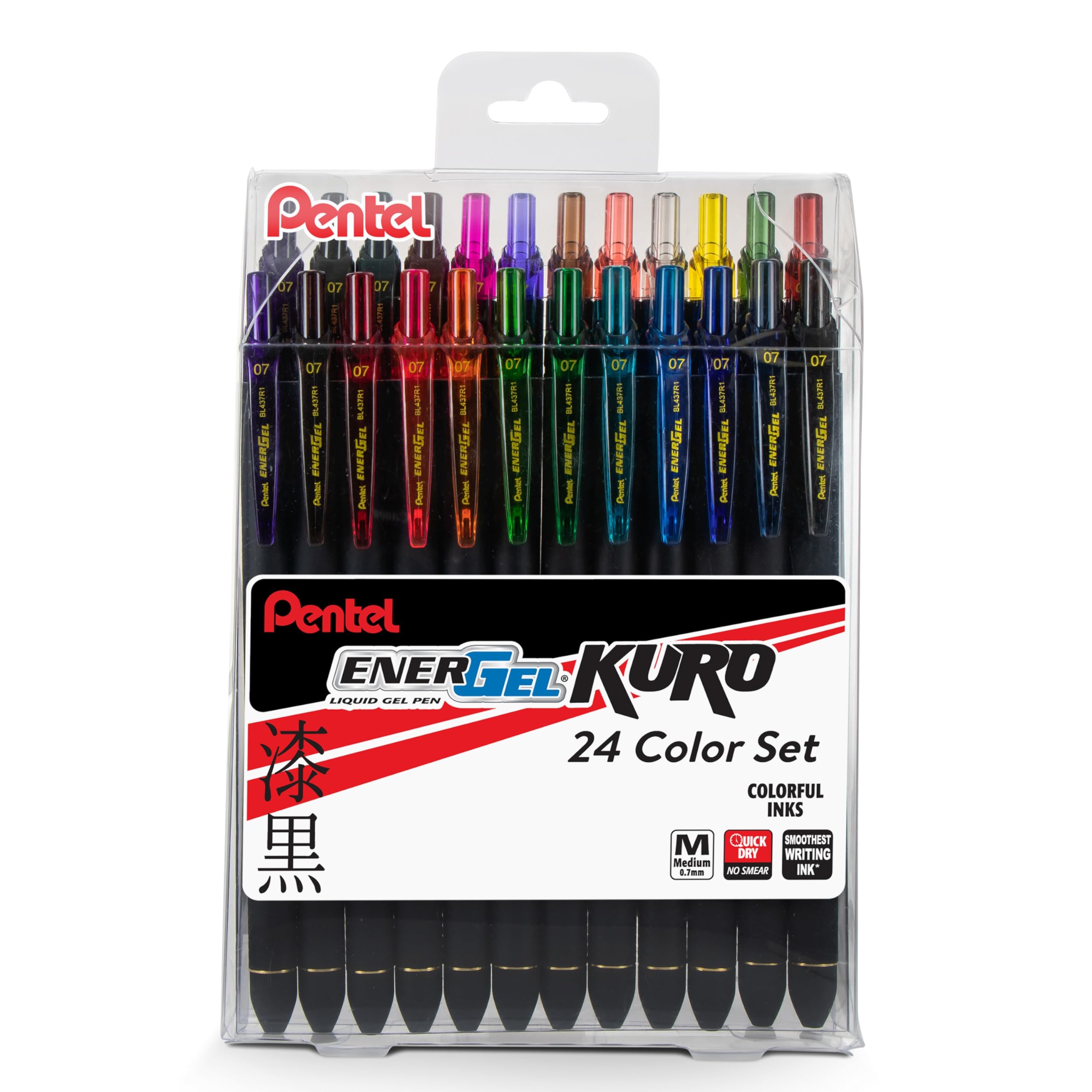 Pentel EnerGel Kuro Liquid Gel Pen, (0.7mm) Medium line, Assorted Ink, 24-pk