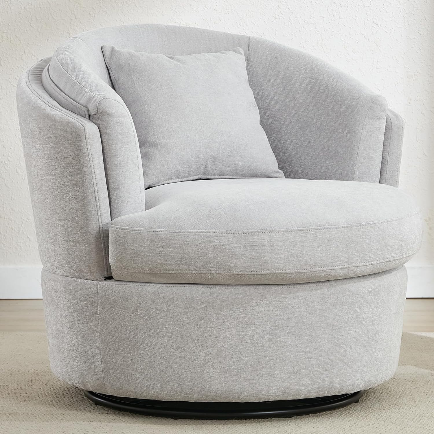 Swivel Accent Chair, 360 Degree Round Swivel Barrel Chair with Pillow, Widened Upholstered Chenille Barrel Armchair for Living Room Bedroom Reading Room, Light Gray