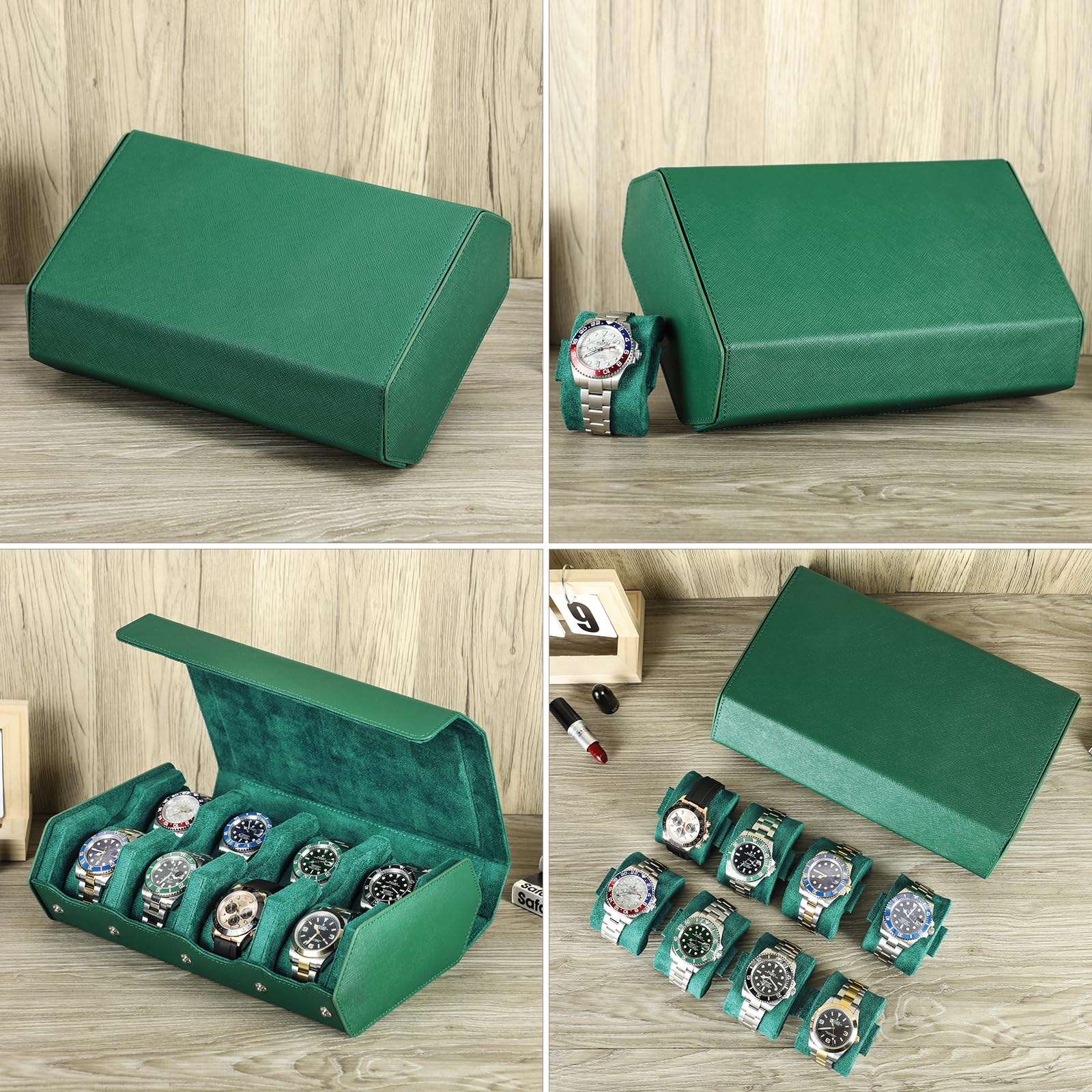 Estuche para relojes Hiram Hexagon de cuero Saffiano auténtico, con capacidad para 8 relojes, estuche protector de cuero con 8 ranuras para relojes, organizador de exhibición de relojes para hombres