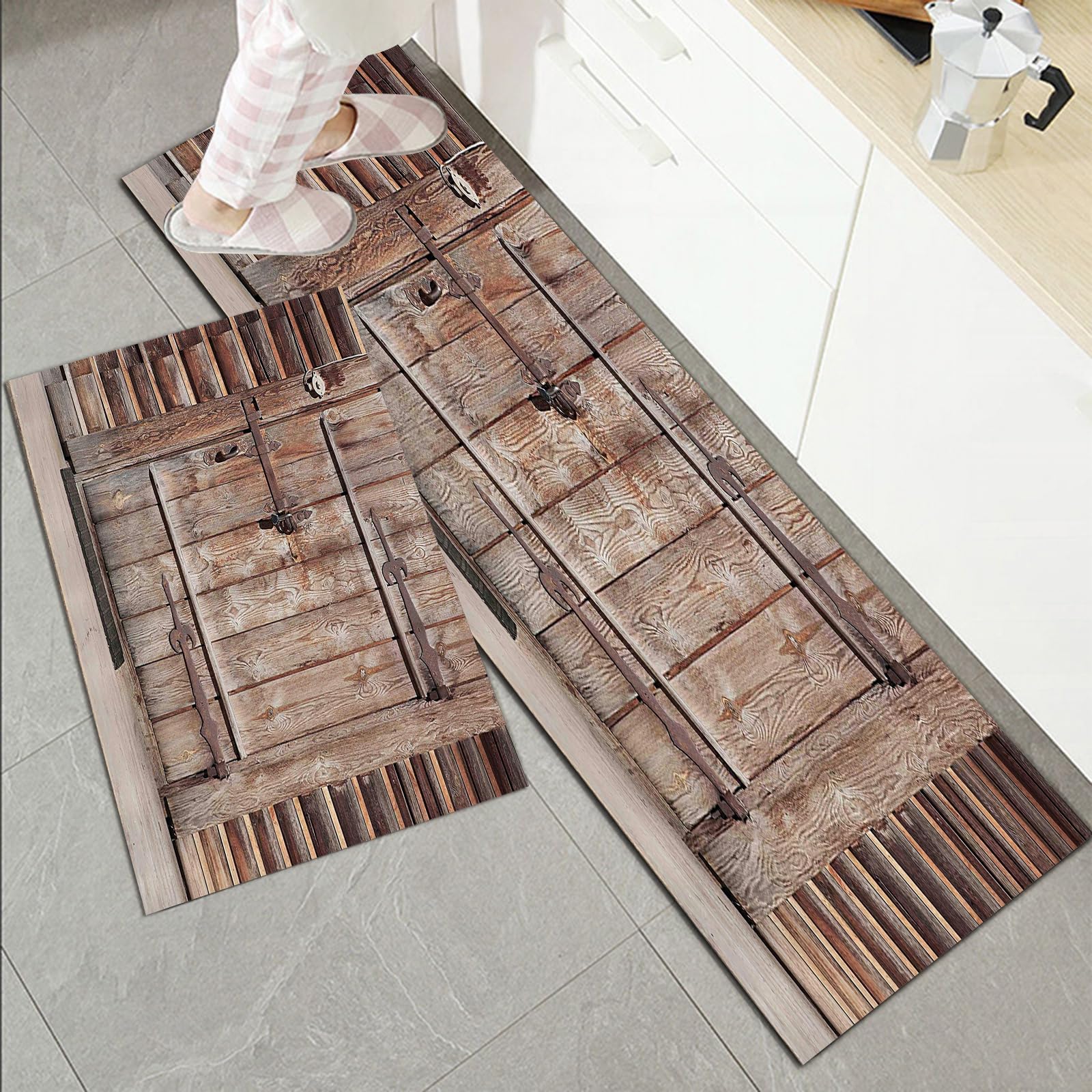2 Pieces Kitchen Rug Sets, Non Slip Kitchen Mat,Rustic Stall,Timber Rustic Door in Wall of an Old Log Ancient Aban,Washable Modern Mats and Rugs for Hallway, Dining Room and Entryway, 45x70cm+45x120cm