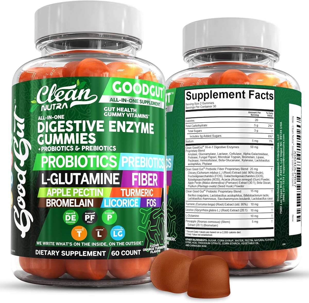 Clean Nutraceuticals Clean Nutraceuticals Digestive Enzymes with Probiotics & Prebiotics for Digestive Health Gummies & L-Glutamine for Gut Health Bromelain Apple Pectin Inulin FOS Plant Based Vegan Gummy Vitamins
