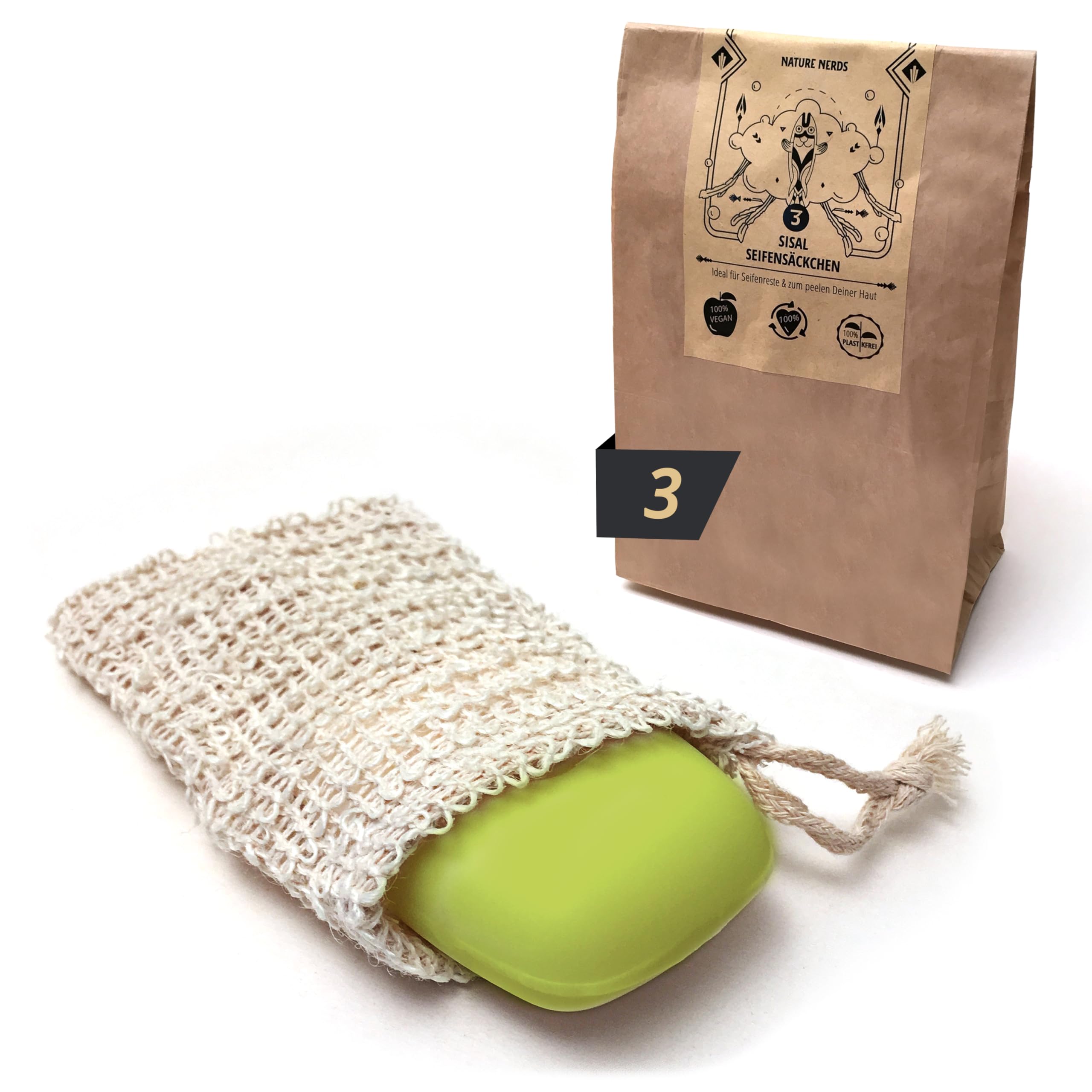 Bolsas de jabón de sisal Juego de 3 – Red de jabón libres de plástico