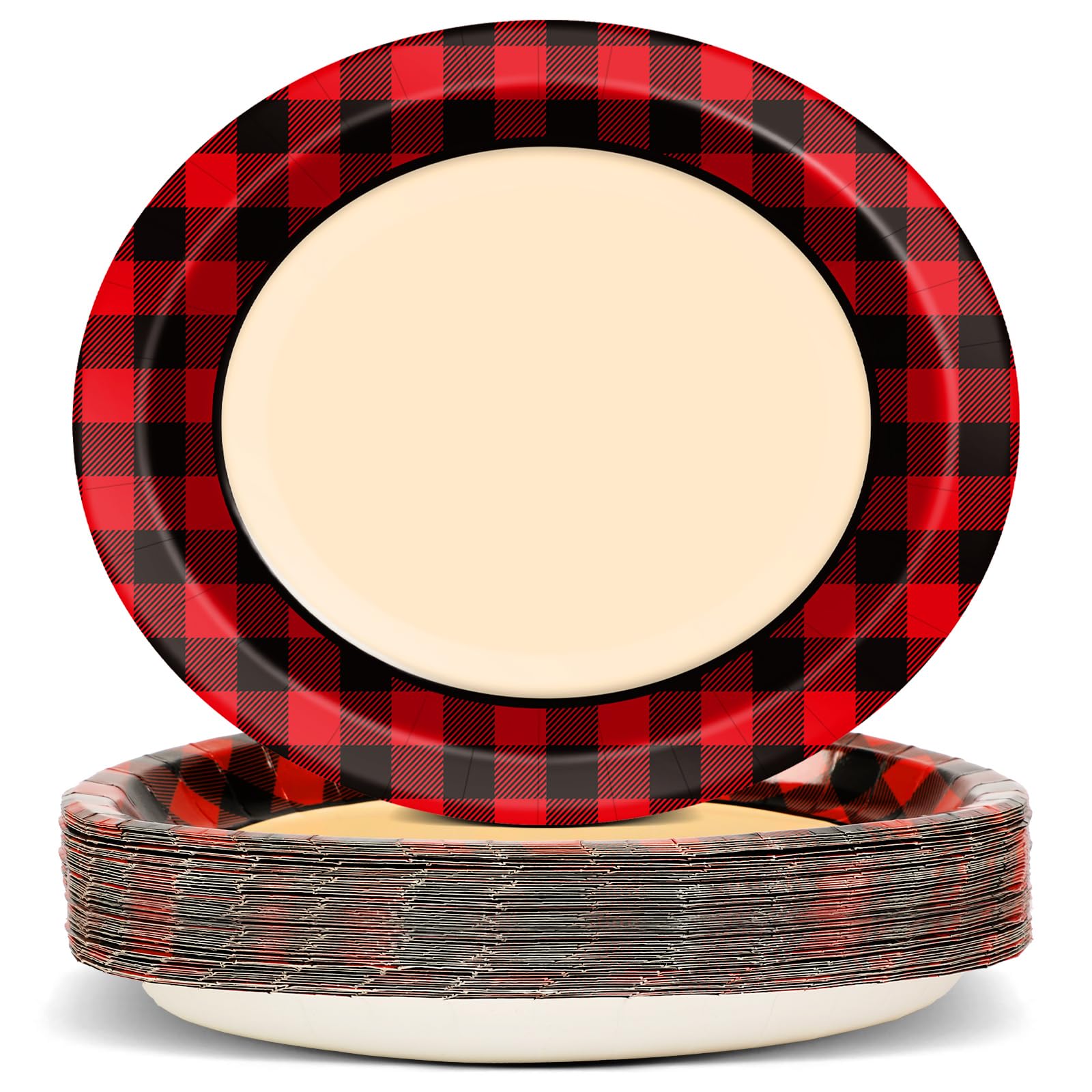 50 Pcs Christmas Red and Black Paper Plates - 11*9inch Large Oval Disposable Plaid Gingham Party Plates for Holiday Xmas Party Dinner Cookies Dessert Supplies