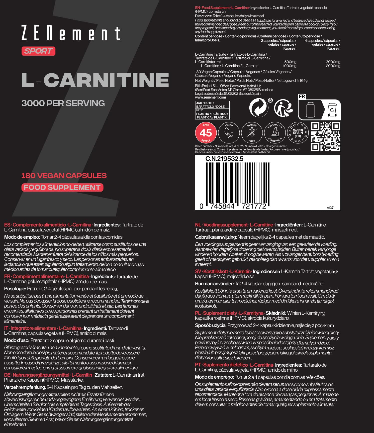 L-Carnitina 1500 mg – 180 Capsule ad Alto Dosaggio – Per uno Stile di Vita Attivo – Capsule Vegane, Senza Glutine, Lattosio e Soia – Integratore per Sportivi – Zenement