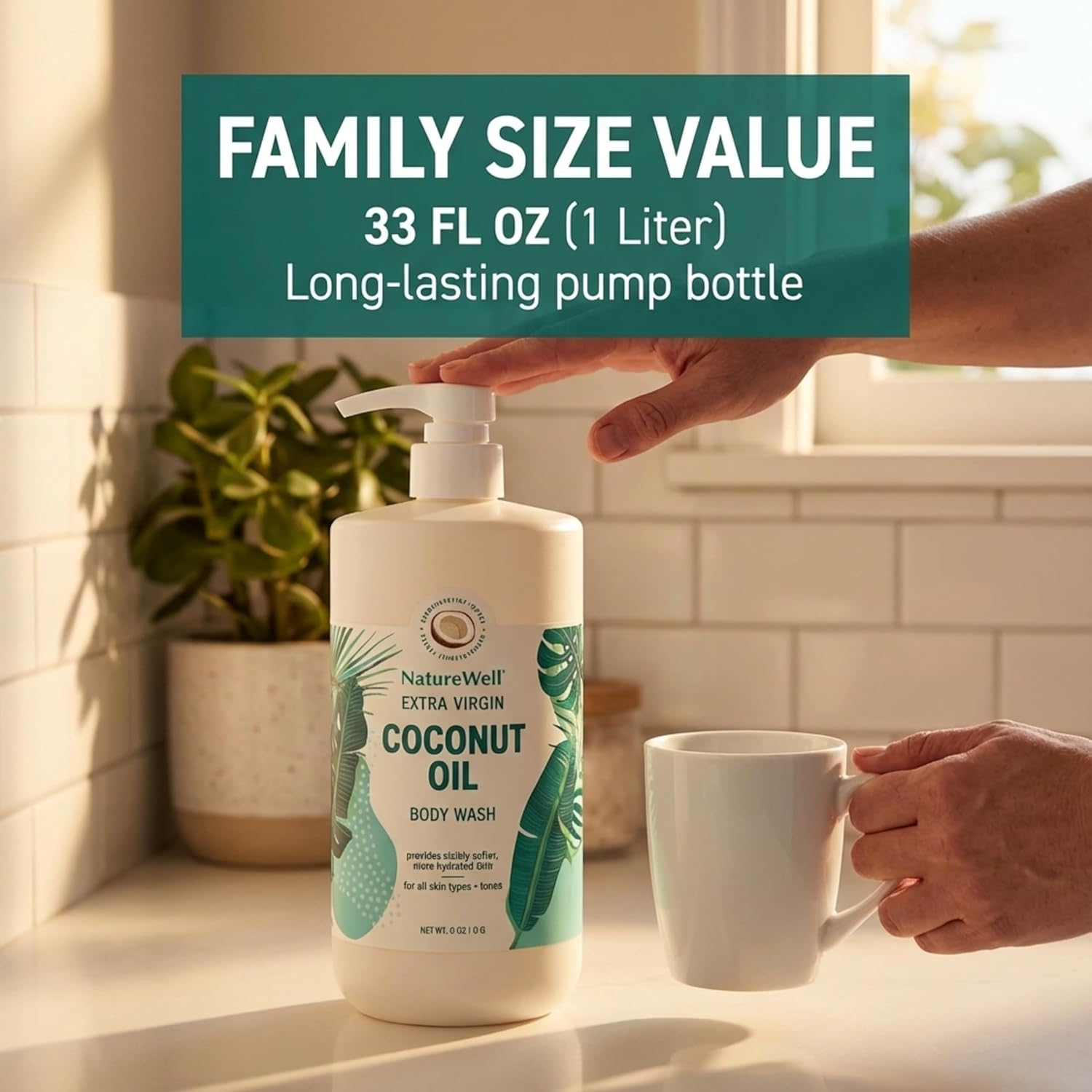 NATURE WELL Extra Virgin Coconut Oil Ultra-Moisturizing Body Wash, Gentle & Creamy Formula Packed with Antioxidants, Vitamins A, C & E, & Squalane, Provides Gentle Cleansing & Intense Hydration, 33 oz