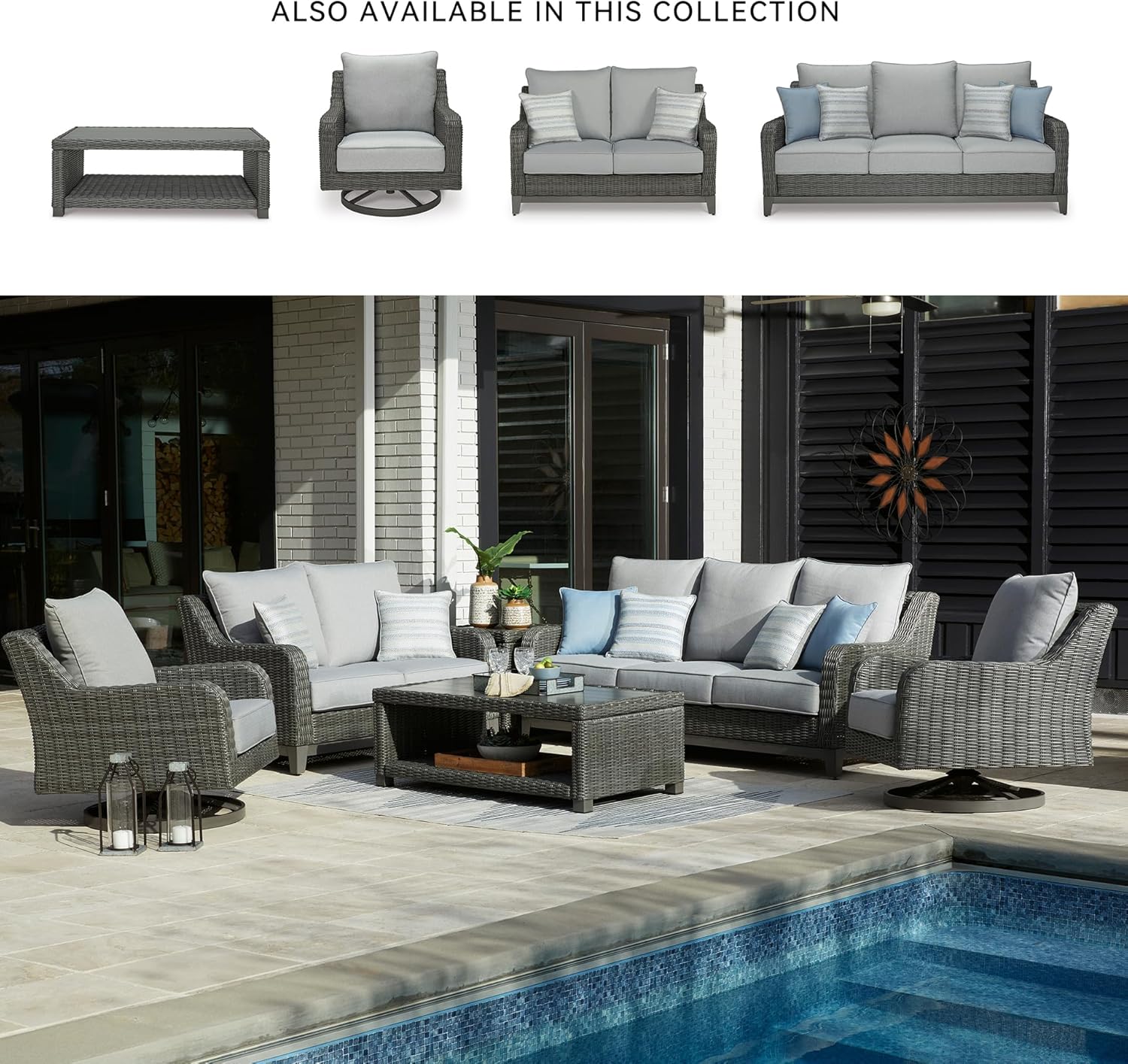 Signature Design by Ashley Outdoor Elite Park Patio Wicker Loveseat with Cushion, Nuvella Weather Resistant Fabric, Gray