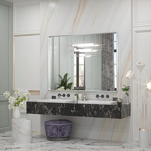 Miniatura 188 de TETOTE Espejo de 60 x 36 pulgadas para baño, espejo de tocador dorado de latón cepillado, espejo de pared grande rectangular con marco de metal Oro