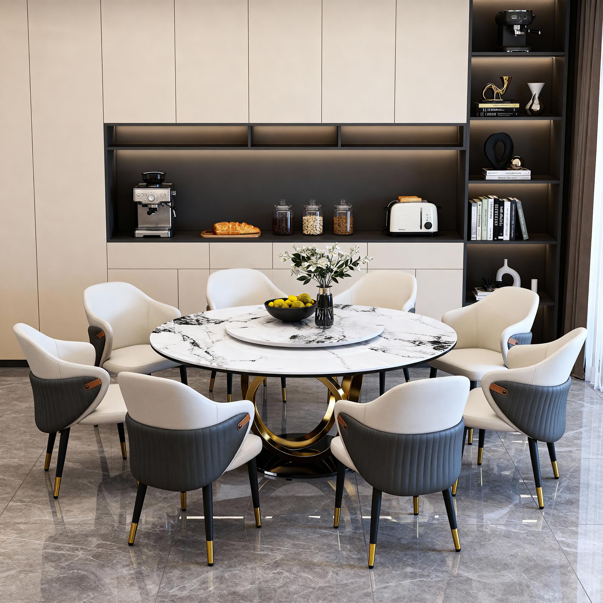 9 Piece Dining Room Set, 59" Sintered Stone Dining Table Set for 8, Modern Kitchen Table and Chairs Set, Gold Marble Dining Table with Stainless Steel Metal Frame