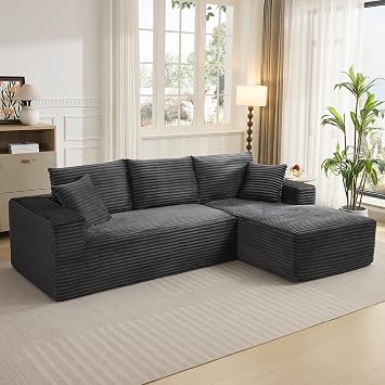 108" Cloud Sectional Couch with L-Shape Chaise, Modern Modular Sofa with Deep Seat, Boneless Cloud Couches for Living Room Bedroom, No Assembly Required, Plush Corduroy Dark Gray, Right Facing Chaise