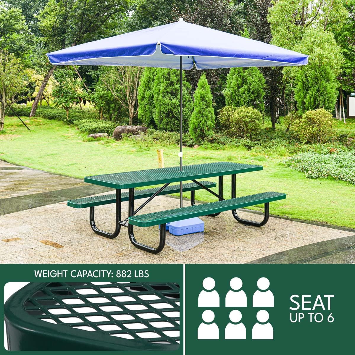 6 ft. Heavy-Duty Steel Outdoor Picnic Table with Umbrella Pole,Rectangular Weather-Resistant Dining Table for Backyard,Green